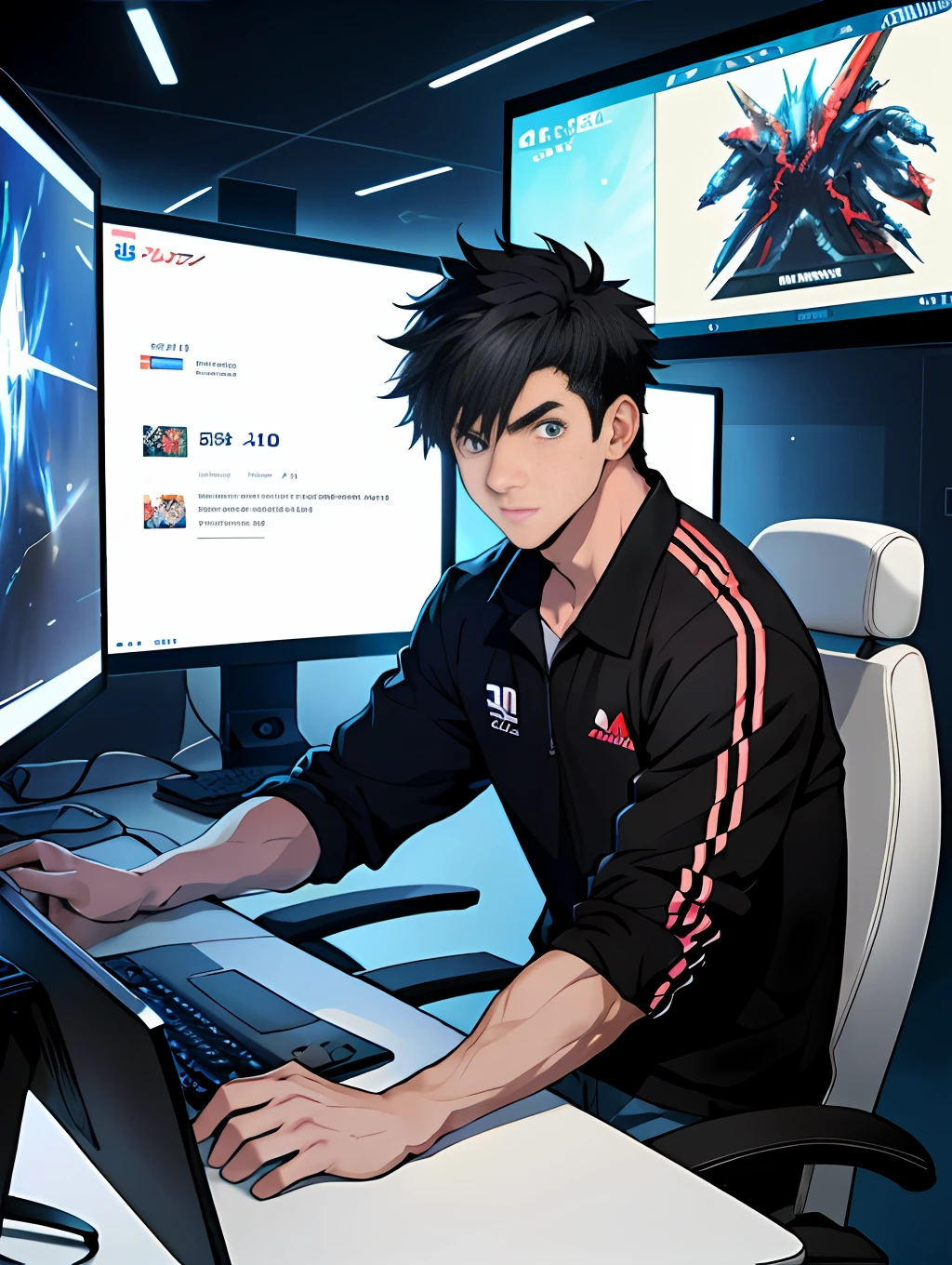 Best quality: 1.0), (Super High Resolution: 1.0), Anime boy, short black hair, blue eyes, sitting in front of computer playing games, background in esports room,