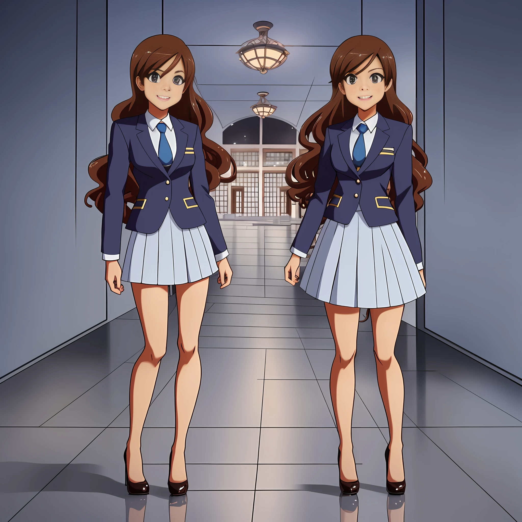 perfect anime illustration, multiple girls, clones, identical sisters, brown hair, curly hair, long hair, matching hairstyle, hazel eyes, smiling, business attire, blue skirt suit, black high heels, matching outfits, businesswomen, highres, full body, bare legs, neat rows of sisters
