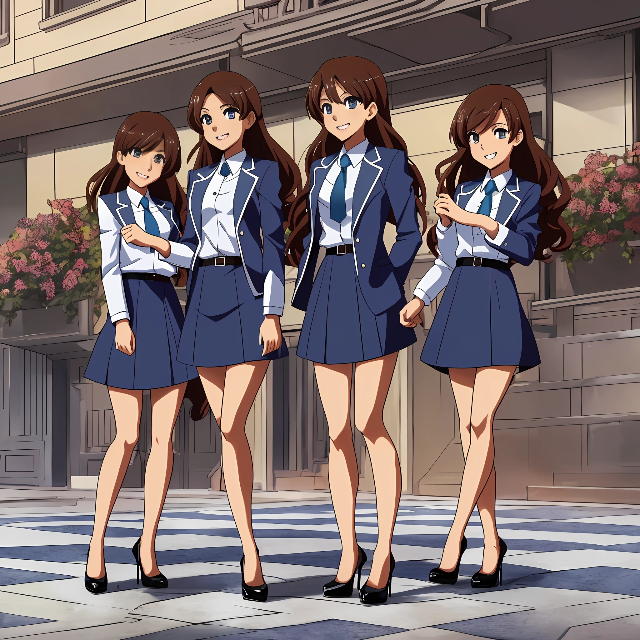 perfect anime illustration, multiple girls, clones, identical sisters, brown hair, curly hair, long hair, matching hairstyle, hazel eyes, smiling, business attire, blue skirt suit, black high heels, matching outfits, businesswomen, highres, full body, bare legs, neat rows of sisters