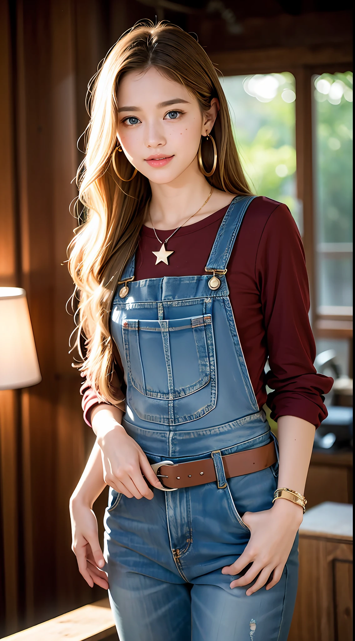 A photograph of a beautiful ((17 years)) American woman, award-winning photo, best quality, portrait by Annie Leibovitz, Canon 5D Mark II, film, professional photography, (rich colors: 1.1), hyper realistic, realistic texture, (natural lighting: 1.1), (Canon EF 85mm f/1.4L IS USM), ripped jeans overalls, full body, standing, face lightly made up, extra long hair, long hair,  brown hair mixed with blonde, slightly wavy hair, bright blue eyes, rounded eyes, western woman, thick mouth, tanned skin, shy, beautiful smile, long cilis, extremely detailed eyes and face, realistic pupils, light freckles on the face, star earrings, bracelet with star pendant, cord with star pendant (Increase the mood of the body line:1.1), (increase the quality of cinematic lighting:  0.9), (Increase the beauty of skin texture:1.1), smooth white background wall