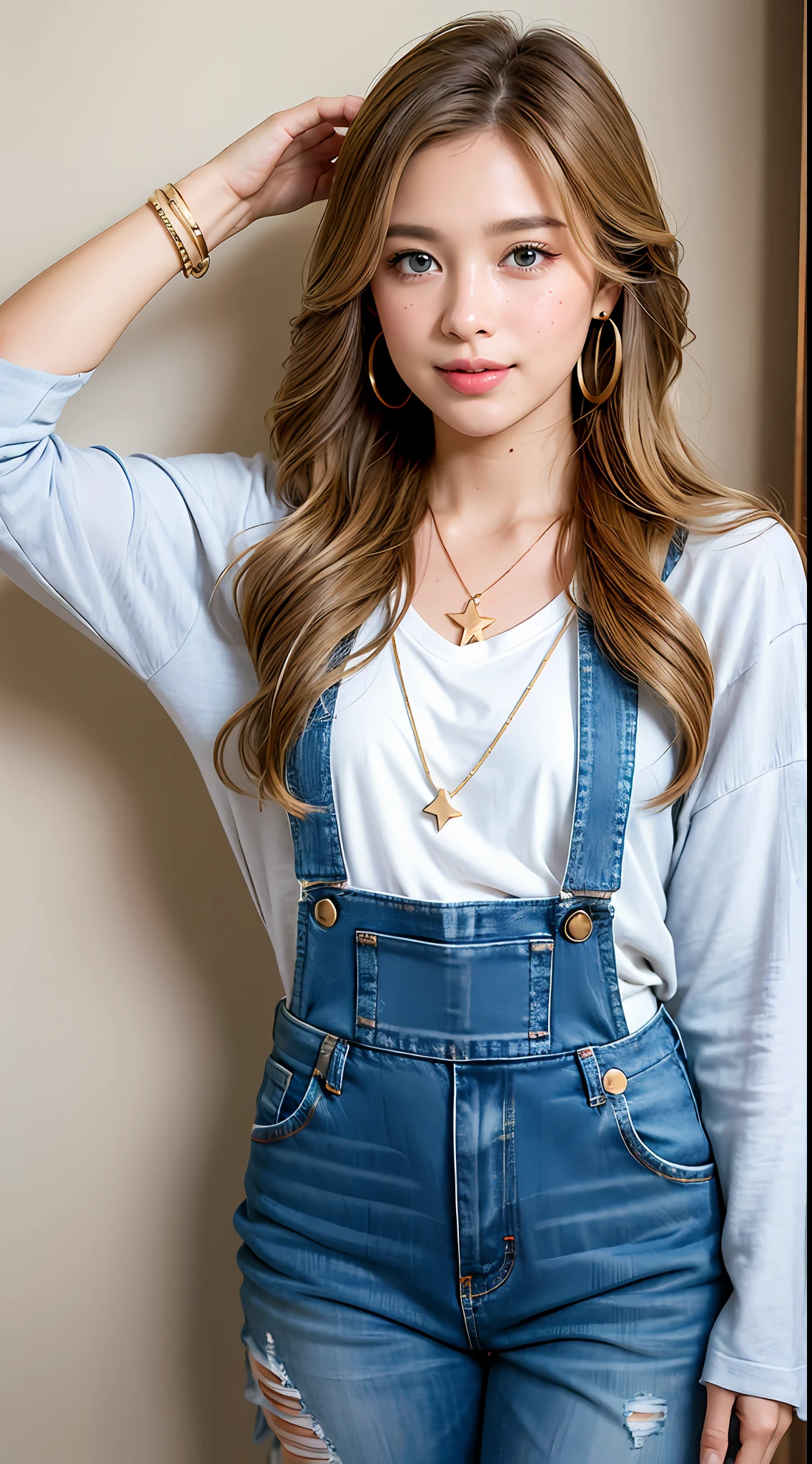 A photograph of a beautiful ((17 years)) American woman, award-winning photo, best quality, portrait by Annie Leibovitz, Canon 5D Mark II, film, professional photography, (rich colors: 1.1), hyper realistic, realistic texture, (natural lighting: 1.1), (Canon EF 85mm f/1.4L IS USM), ripped jeans overalls, full body, standing, face lightly made up, extra long hair, long hair,  brown hair mixed with blonde, slightly wavy hair, bright blue eyes, rounded eyes, western woman, thick mouth, tanned skin, shy, beautiful smile, long cilis, extremely detailed eyes and face, realistic pupils, light freckles on the face, star earrings, bracelet with star pendant, cord with star pendant (Increase the mood of the body line:1.1), (increase the quality of cinematic lighting:  0.9), (Increase the beauty of skin texture:1.1), smooth white background wall