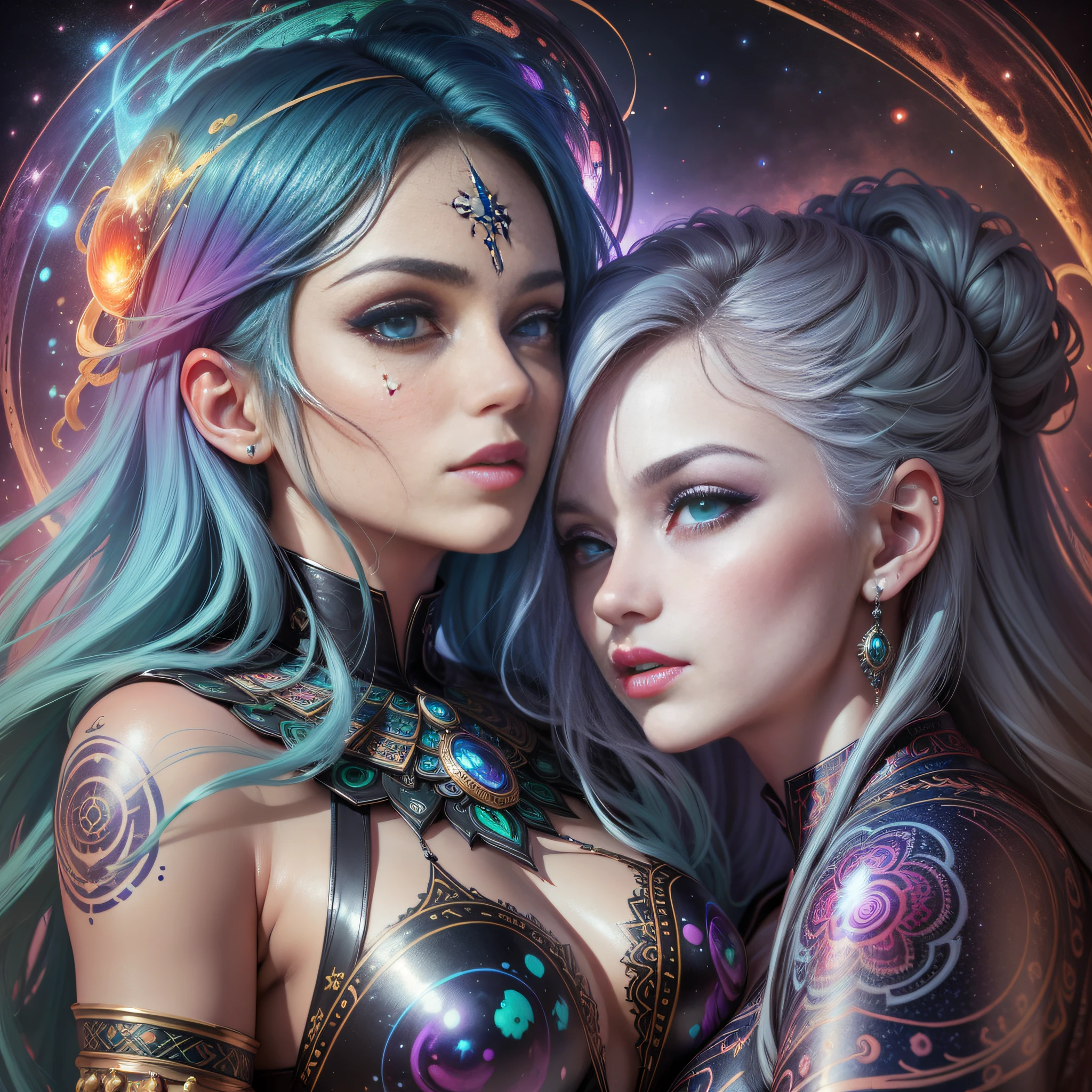 ((Best quality, 8k, Masterpiece :1.3)) beautiful woman: 1.3, beautiful face, woman kissing another woman, saturated colors, psychedelic image, LSD, mandala, fractral, costume, tattoo, painted body, wedding outfit, body leaning forward, art similar to Alex Grey's art, lots of color saturation, vortex, ultra realistic, planet earth, galaxy, with lots of lighting, shading and contrast,  RPG, mage, realistic eyes, green iris, 3D depth, melting