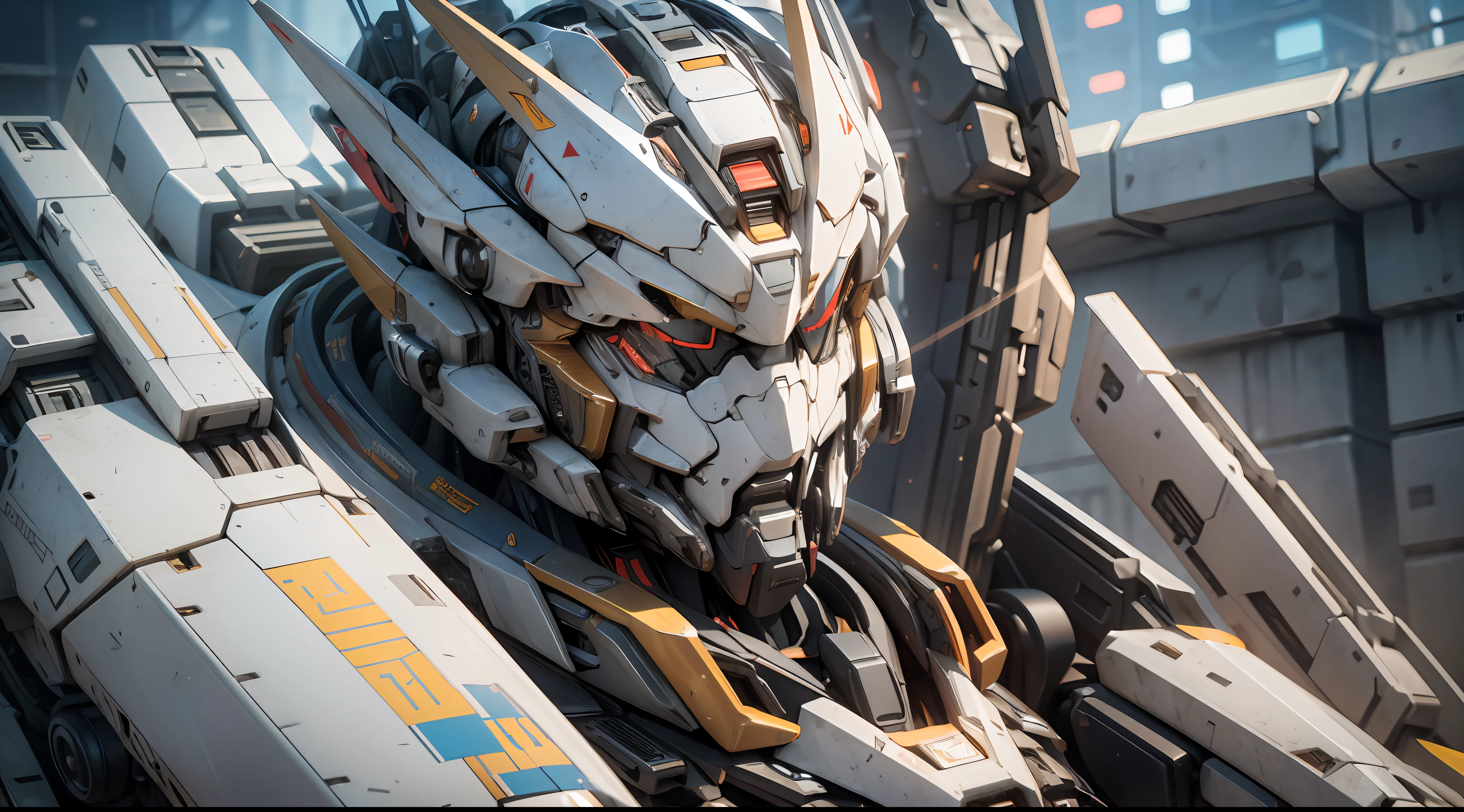 ((Best quality)), ((masterpiece)), (highly detailed:1.3), 3D, Pretty, (cyberpunk:1.2), holding_weapon, (1Female mecha:1.3), close-up of robot with futuristic expression on face, Gundam Head, Alexander Ferra White Mech, Barbatos Gundam, Mecha Inspiration, ArtStation Masterpiece , 4K Highly Detailed Digital Art, Gundam Style, Robot Mech, Cool Mech Style, Mech Portrait, ArtStation HD Trend, Render with Redshift, Glowing Eyes, Particle, Reality, HDR (High Dynamic Range), Ray Tracing, NVIDIA RTX, Ultra Resolution, Unreal 5, Subsurface Scattering, PBR Textures, Post-Processing, Anisotropic Filtering, Depth of Field, Maximum Sharpness and Sharpness, Multi-layer Textures, Albedo and Specular Maps, Surface shading, Accurate simulation of light-material interactions, Perfect Proportions, Octane Render, Duotone lighting, Large aperture, Low ISO, White balance, Rule of Thirds, 8K RAW, High Performance Sub-Pixel, Subpixel Convolution