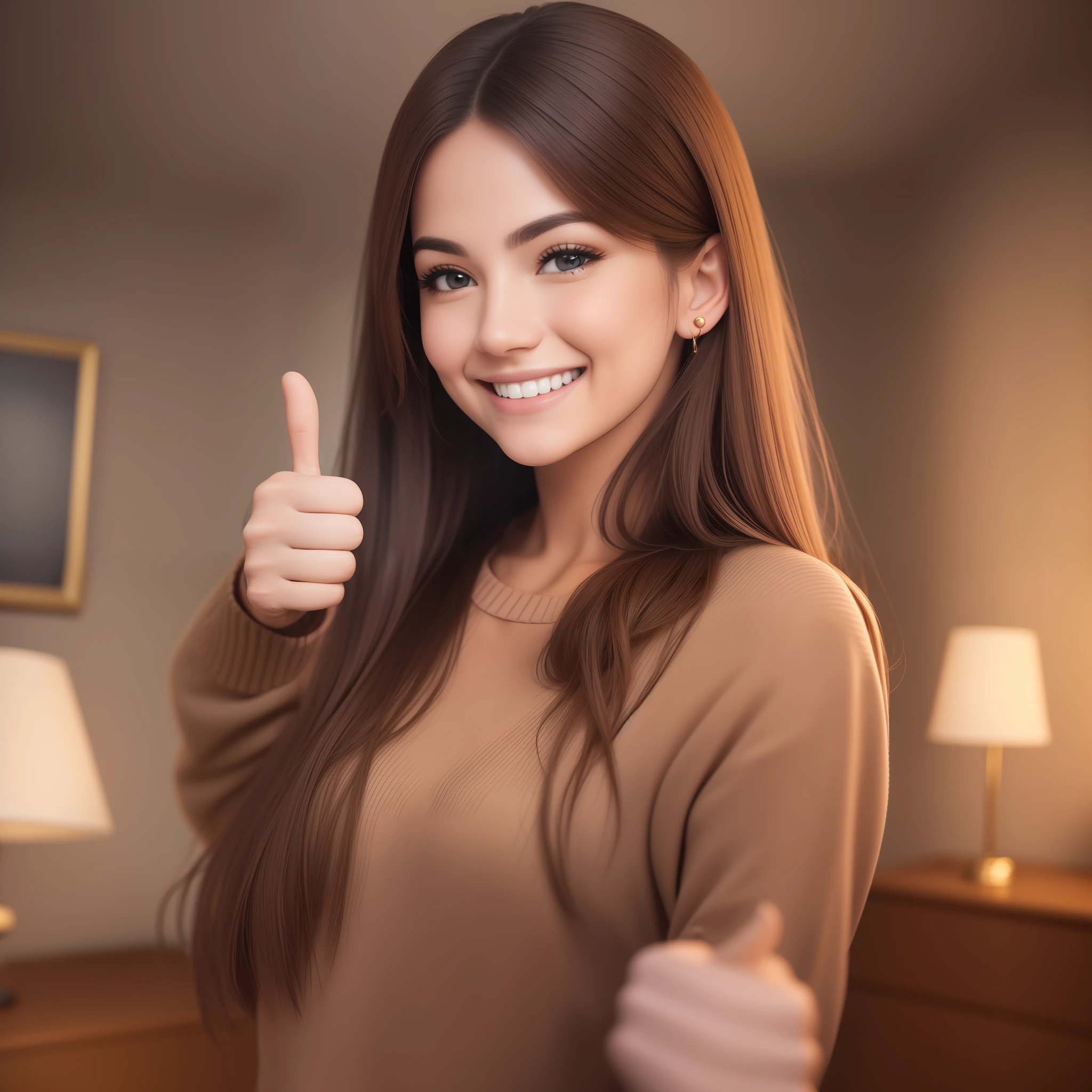 1 woman ((upper body image portrait, expression of joy, giving a thumbs up gesture and smiling)) straight hair, brown eyes, masterpiece, best quality, ultra-detailed, solo, in the living room, (night), (warm hue, warm tone: 1.2), close-up, cinematic light, side lighting, ultra high resolution, best shadow, RAW, upper body, wearing pullover --auto --s2