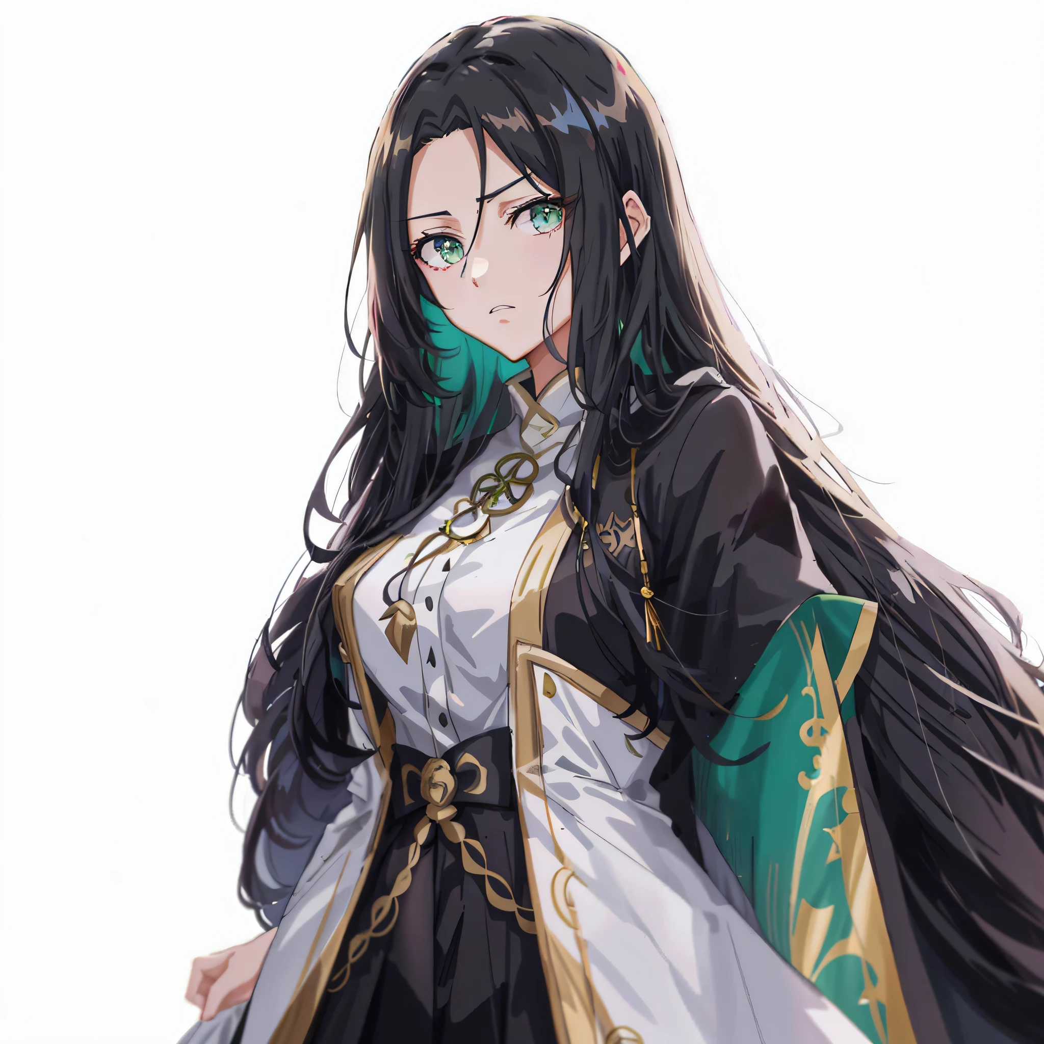 a woman in a black and white dress with a green cape, ayaka genshin impact, portrait knights of zodiac girl, anime girl with long hair, female anime character, keqing from genshin impact, palutena, astri lohne, demon slayer rui fanart, highly detailed exquisite fanart, detailed anime character art, onmyoji portrait, from girls frontline, wide eyes, fear, scowl, tense mouth, panicking, constricted pupil, expressionless eyes