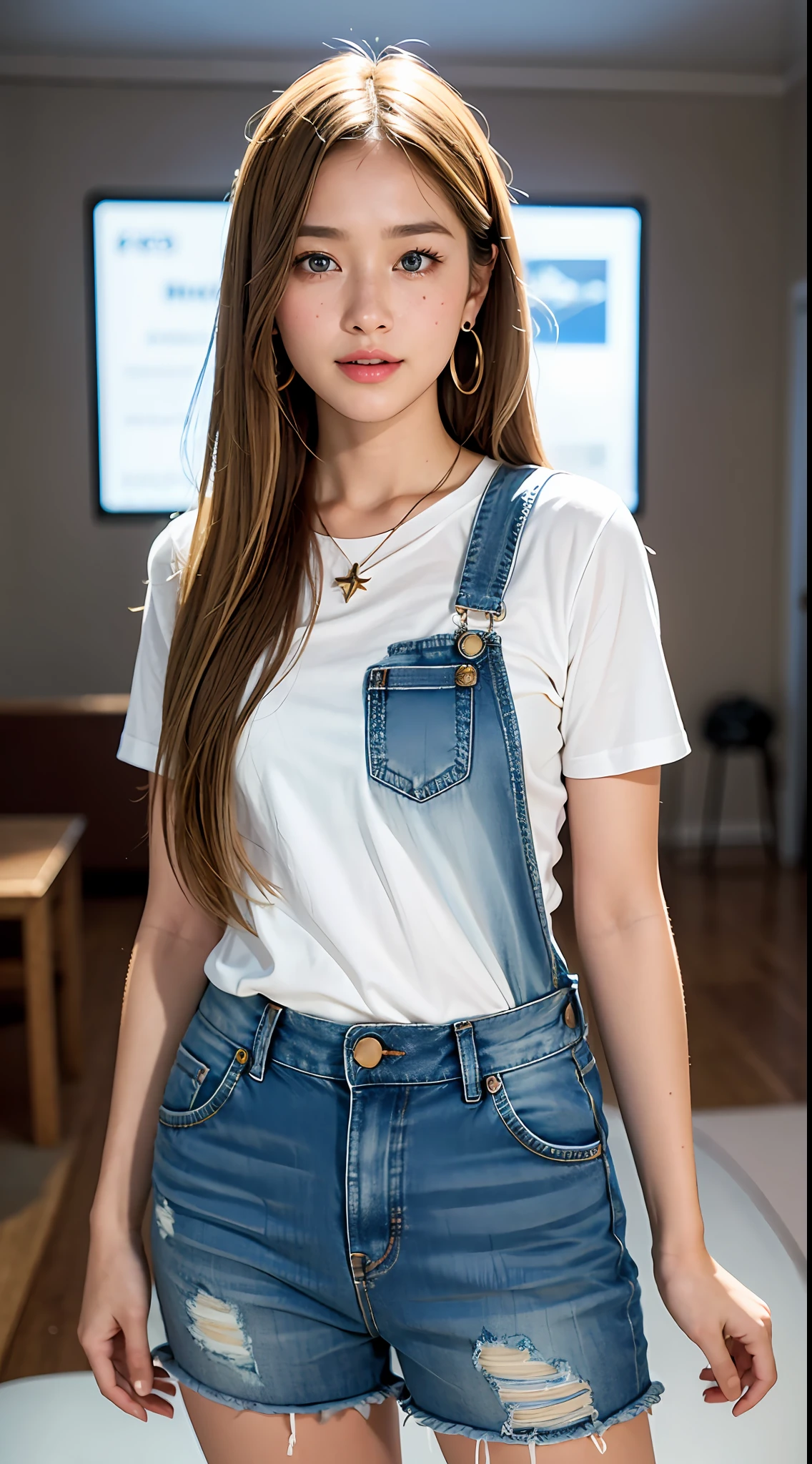 A photograph of a beautiful ((17 years)) American woman, award-winning photo, best quality, portrait by Annie Leibovitz, Canon 5D Mark II, film, professional photography, (rich colors: 1.1), hyper realistic, realistic texture, (natural lighting: 1.1), (Canon EF 85mm f/1.4L IS USM), ripped jeans overalls, full body, standing, face lightly made up, extra long hair, long hair, brown hair mixed with blonde, slightly wavy hair, bright blue eyes, rounded eyes, western woman, thick mouth, tanned skin, shy, beautiful smile, long cilis, extremely detailed eyes and face, realistic pupils, light freckles on the face, star earrings, bracelet with star pendant, cord with star pendant (Increase the mood of the body line:1.1), (increase the quality of cinematic lighting: 0.9), (Increase the beauty of skin texture:1.1), smooth white background wall