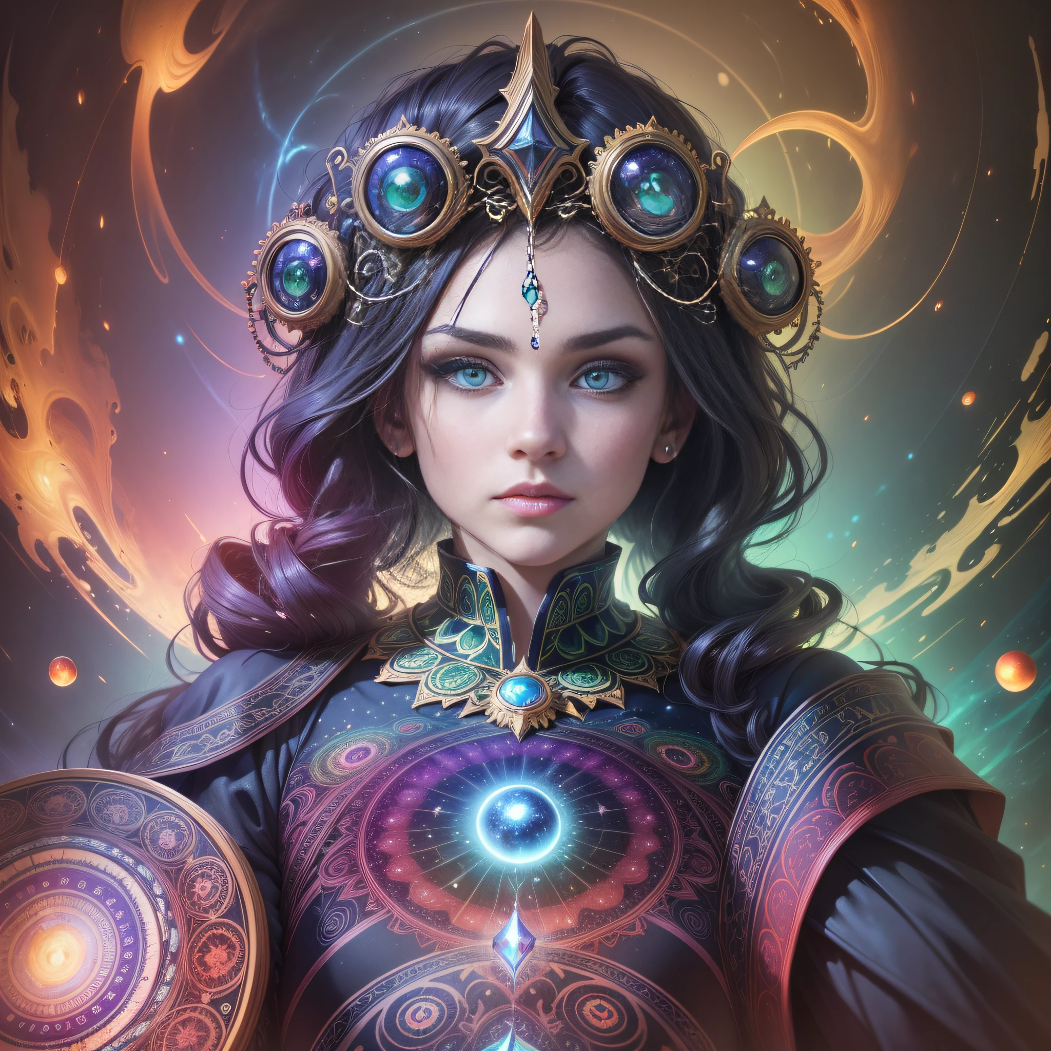 ((Best quality, 8k, Masterpiece :1.3)) beautiful woman: 1.3, beautiful face, front showing crotch, crawling saturated colors, psychedelic image, LSD, mandala, fractral, costume, tattoo, painted body, wedding outfit, body tilted forward, art similar to Alex Grey's art, lots of color saturation, vortex, ultra realistic, planet earth, galaxy, with lots of lighting, shading and contrast, RPG, mage, realistic eyes, green iris, 3D depth