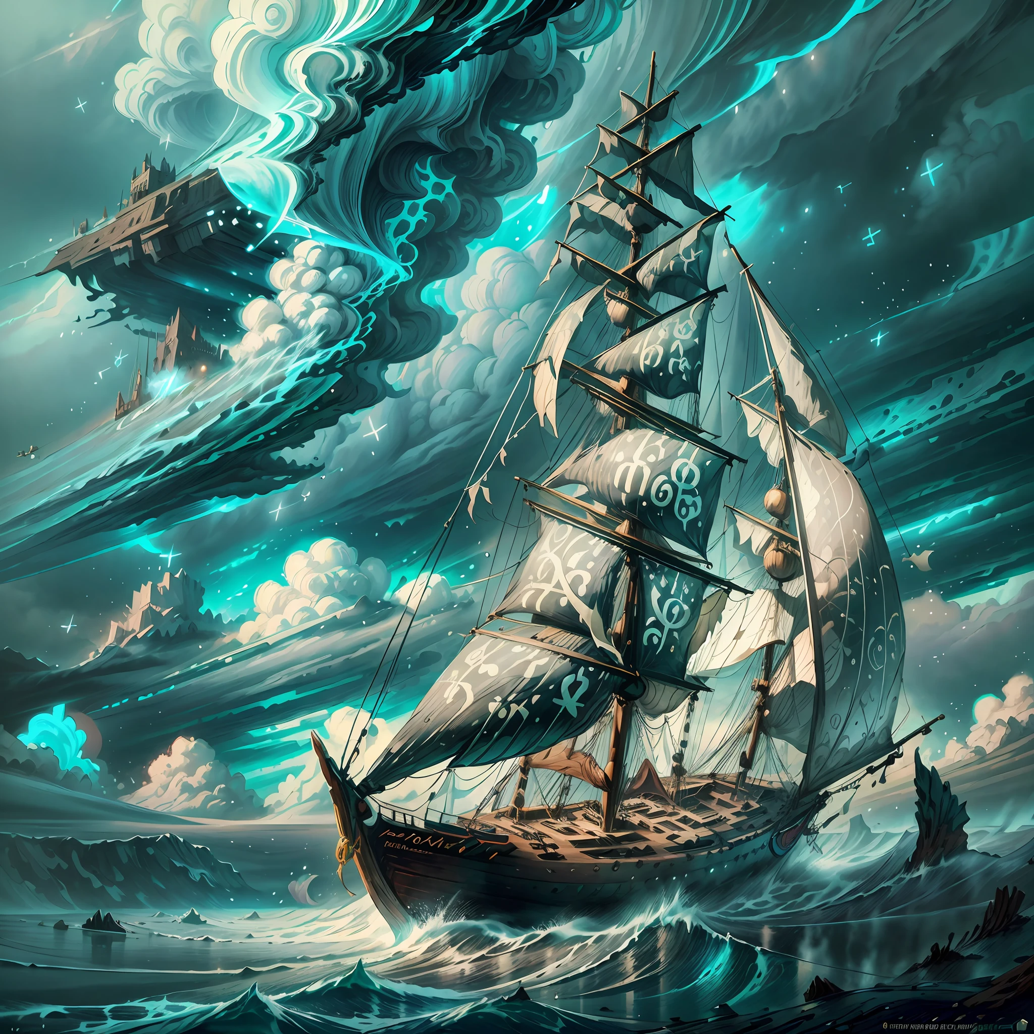 A real photographic landscape painting with incomparable reality,Super wide,Ominous sky,Sailing boat,Wooden boat,Lotus,Huge waves,Starry night,Harry potter,Volumetric lighting,Clearing,Realistic,James gurney,artstation, vetor de design de tshirt profissional, contorno, fundo branco --ar 9:16 --auto --s2