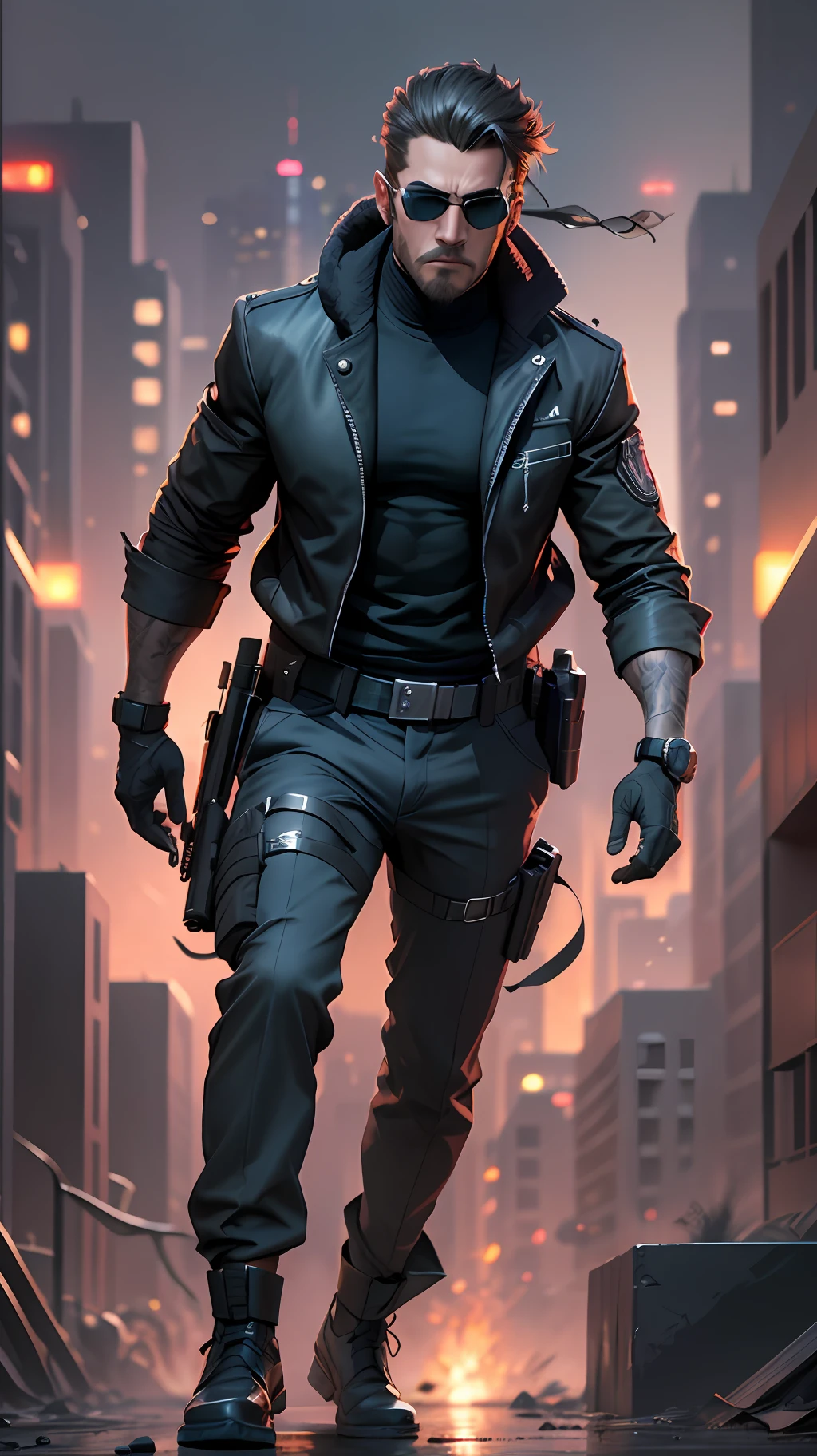stealth, dusk, a dangerous mercenary with a black suit and sunglasses who aims to bring justice to the world, a city with enemies and snipers from Free Fire, 16k, noir