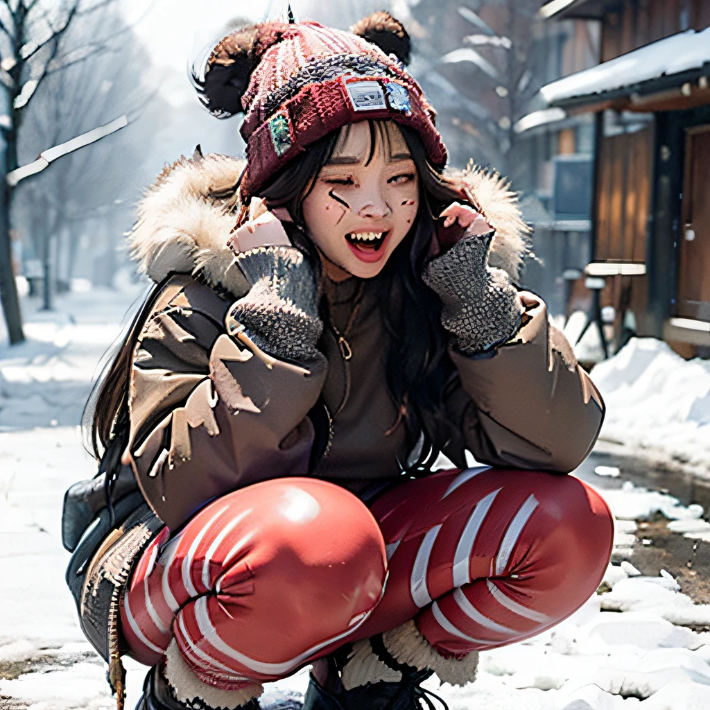 Pregnant woman, expression shame, ((tongue sticking out and giggling)), saliva, (((dirty, ?????, drug poisoning, feces)))), red fur coat, black tight sweater, waist-high leggings, thick hair, years of skin and flesh business made her look vicissitudes, the body stinks, squatting in the snow, making a victory gesture, ((winter morning, minus 50 degrees, fog))