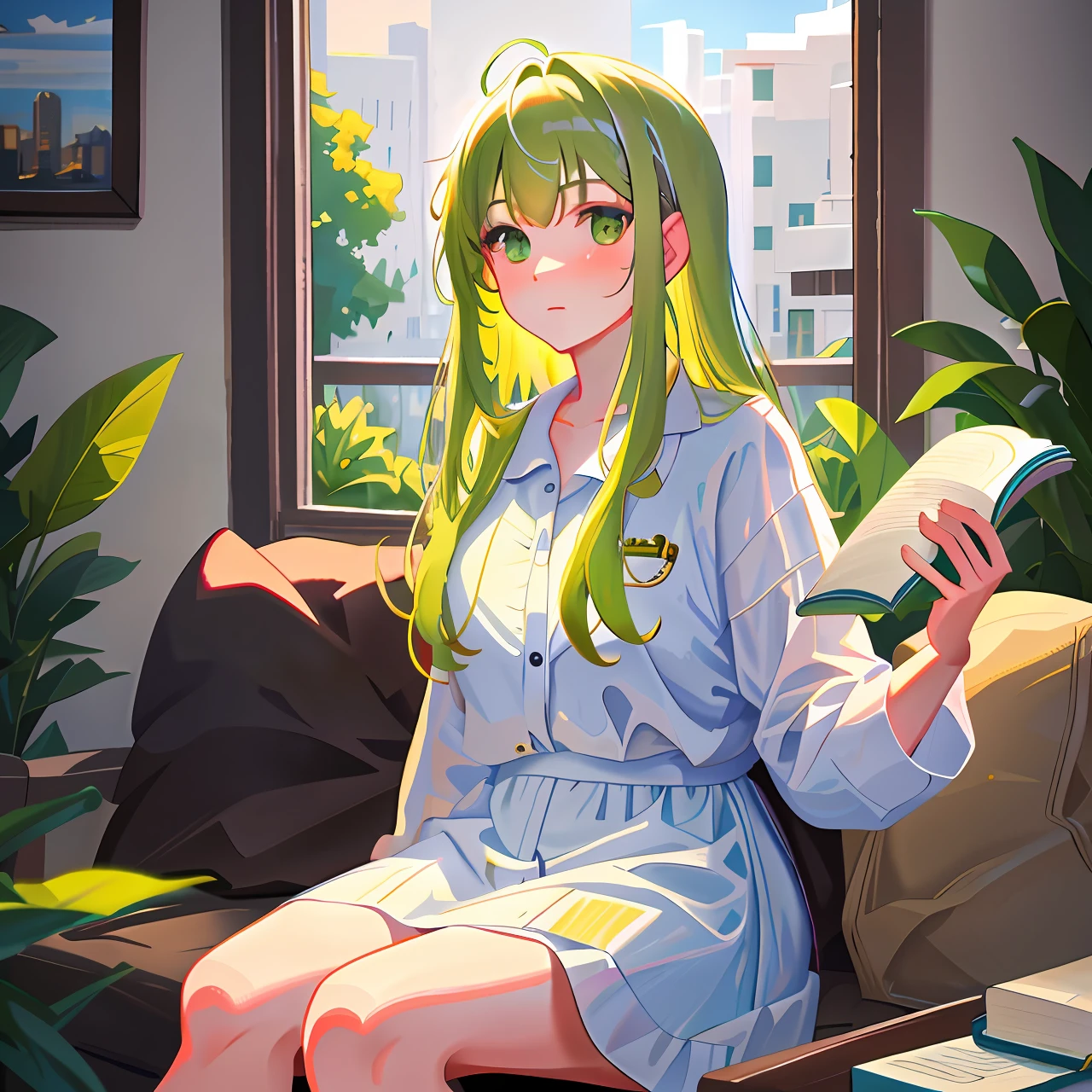 Realistic, best quality, masterpiece, nerd girl, bangs, yellow long hair,bangs green eyes, rainfall,wearing (white clothes), sitting, reading window,4k