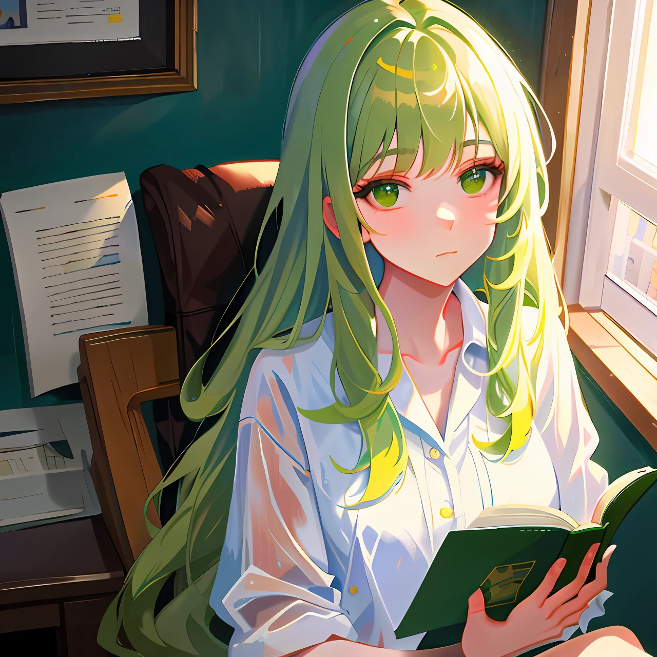 Realistic, best quality, masterpiece, nerd girl, bangs, yellow long hair,bangs green eyes, rainfall,wearing (white clothes), sitting, reading window,4k
