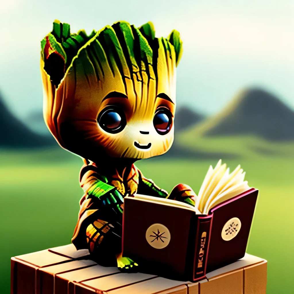 (chibiSJstyle:1.1)  Groot reading a book, cute, By Greg rutkowski
