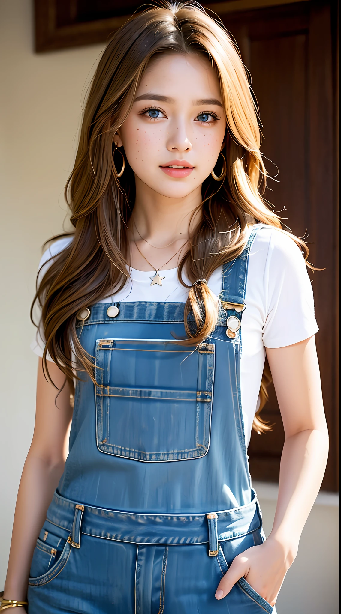 A photograph of a beautiful ((17 years)) American woman, award-winning photo, best quality, portrait by Annie Leibovitz, Canon 5D Mark II, film, professional photography, (rich colors: 1.1), hyper realistic, realistic texture, (natural lighting: 1.1), (Canon EF 85mm f/1.4L IS USM), ripped jeans overalls, full body, standing, face lightly made up, extra long hair, long hair,  brown hair mixed with blonde, slightly wavy hair, bright blue eyes, rounded eyes, western woman, thick mouth, tanned skin, shy, beautiful smile, long cilis, extremely detailed eyes and face, realistic pupils, light freckles on the face, star earrings, bracelet with star pendant, cord with star pendant (Increase the mood of the body line:1.1), (increase the quality of cinematic lighting:  0.9), (Increase the beauty of skin texture:1.1), smooth white background wall