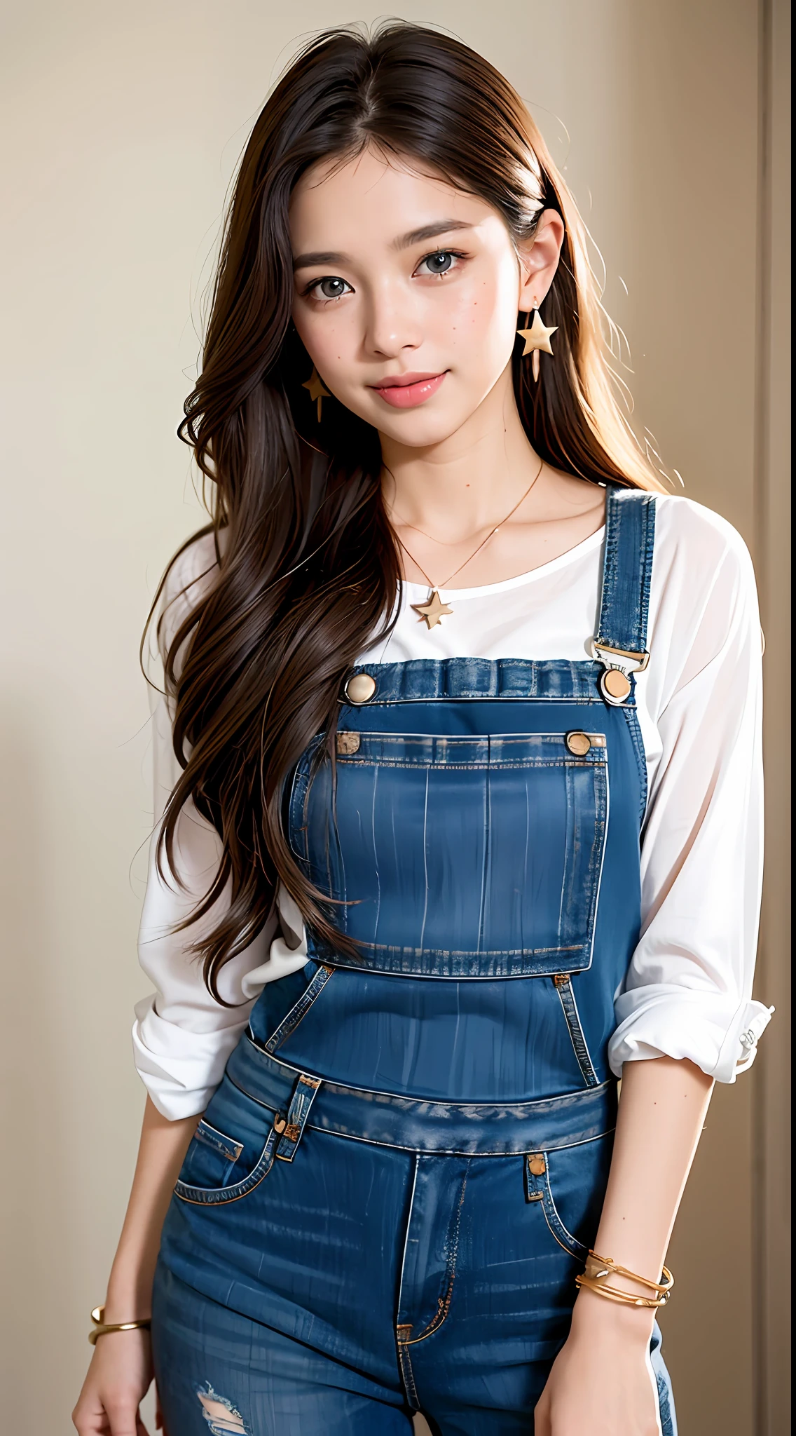 A photograph of a beautiful ((17 years)) American woman, award-winning photo, best quality, portrait by Annie Leibovitz, Canon 5D Mark II, film, professional photography, (rich colors: 1.1), hyper realistic, realistic texture, (natural lighting: 1.1), (Canon EF 85mm f/1.4L IS USM), ripped jeans overalls, full body, standing, face lightly made up, extra long hair, long hair,  brown hair mixed with blonde, slightly wavy hair, bright blue eyes, rounded eyes, western woman, thick mouth, tanned skin, shy, beautiful smile, long cilis, extremely detailed eyes and face, realistic pupils, light freckles on the face, star earrings, bracelet with star pendant, cord with star pendant (Increase the mood of the body line:1.1), (increase the quality of cinematic lighting:  0.9), (Increase the beauty of skin texture:1.1), smooth white background wall