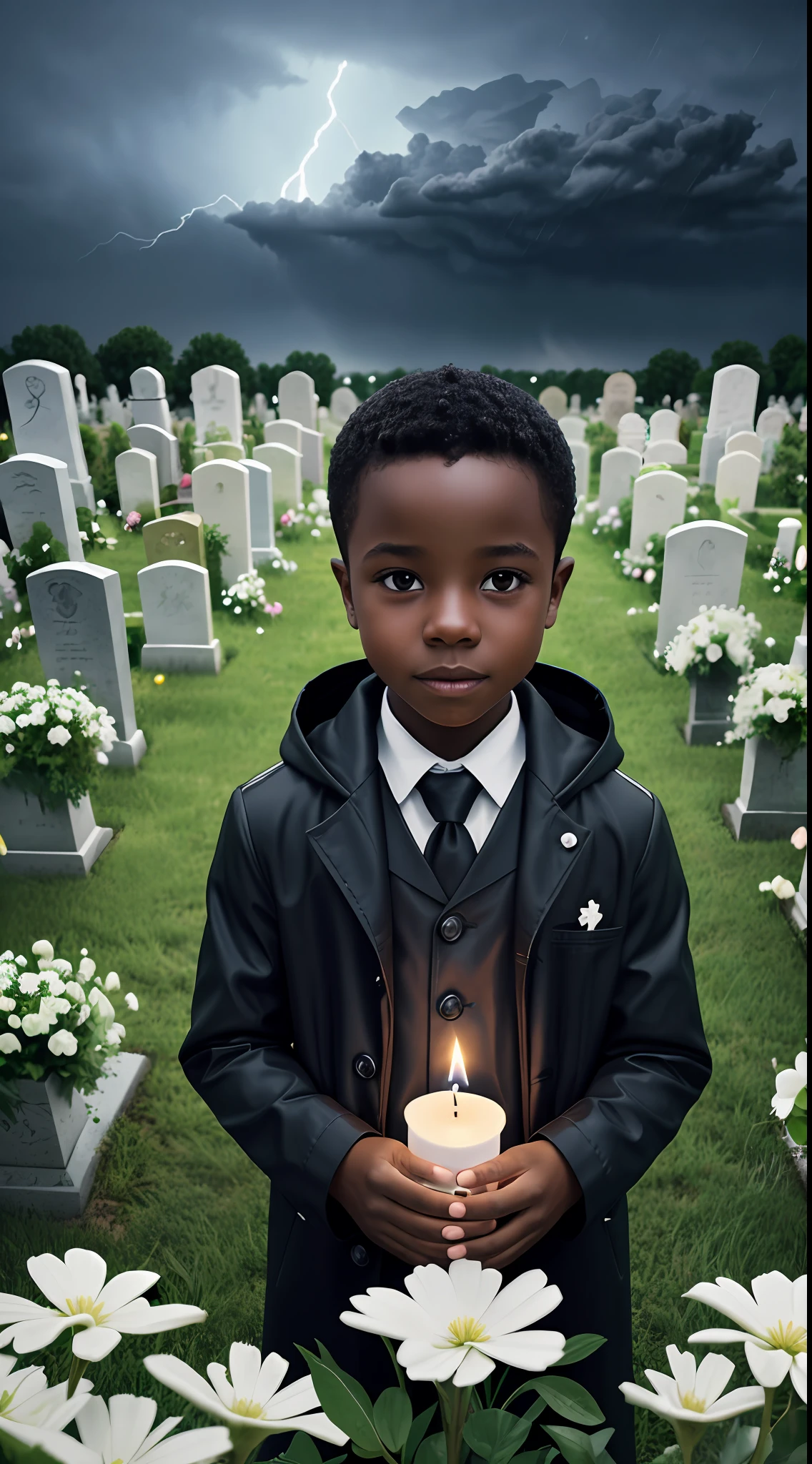 ((1)) adorable black boy incredibly charming, candles in hand, with storm in the background, birds flying, enjoying a beautiful rain ride, storm in the cemetery, night, surrounded by beautiful white flowers, tombstones, graves, crosses, natural landscapes, photo taken full body. The illustration is in high definition in 8k resolution, with highly detailed facial features