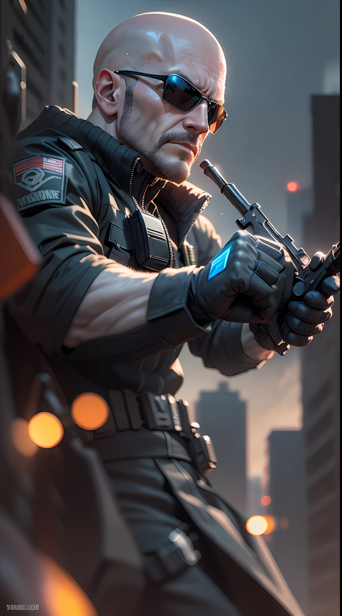 Stealth, Dusk, a dangerous mercenary in a black suit and bald sunglasses who aims to bring justice to the world, a city with enemies and snipers from Free Fire, 16k, noir