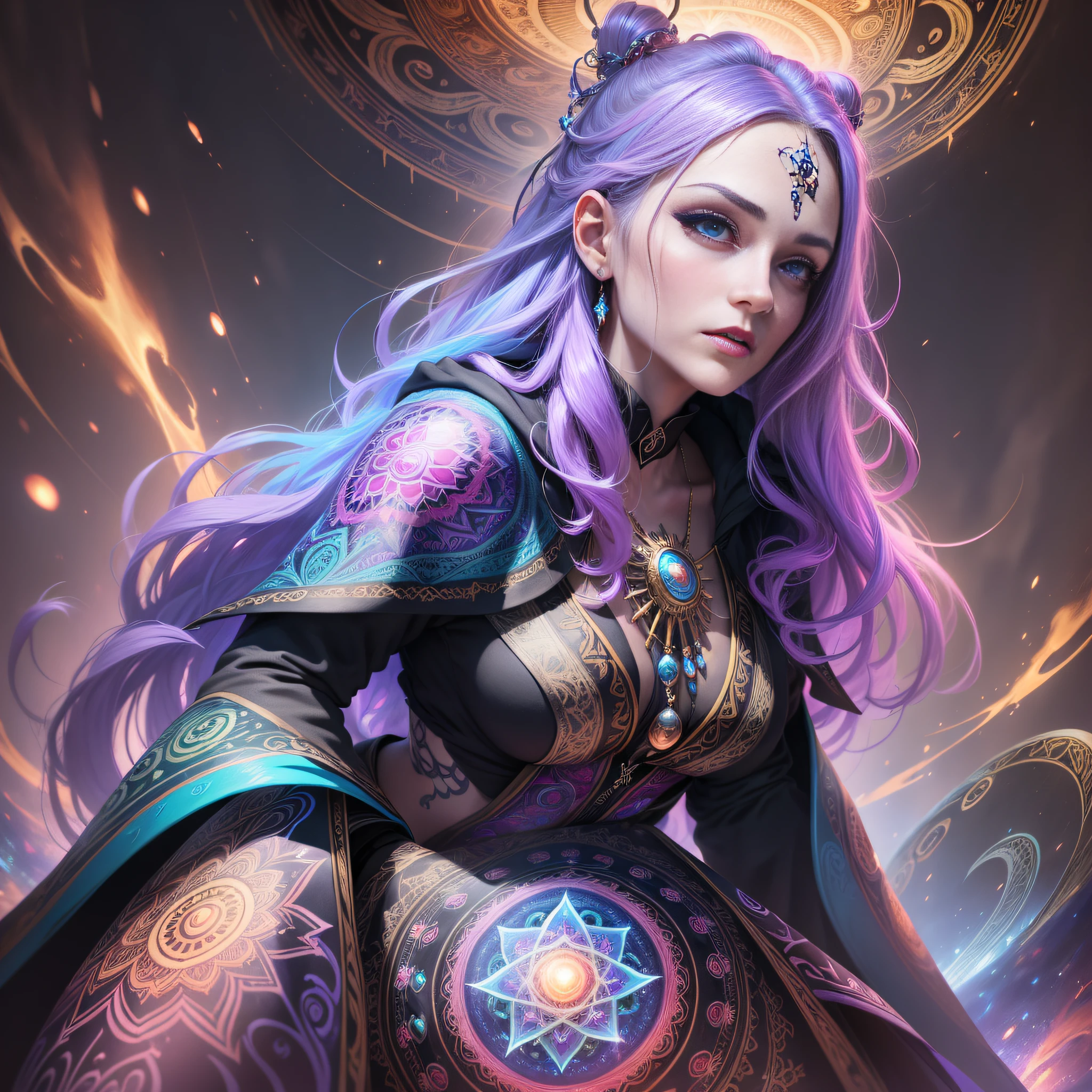 ((Best quality, 8k, Masterpiece :1.3)) beautiful woman: 1.3, beautiful face, showing the coatas, saturated colors, psychedelic image, ???, mandala, fractral, costume, tattoo, painted body, wedding clothes, body leaning forward, art similar to Alex Grey's art, lots of color saturation, vortex, ultra realistic, planet earth, galaxy, with lots of lighting, shading and contrast, RPG,  Wizard, realistic eyes