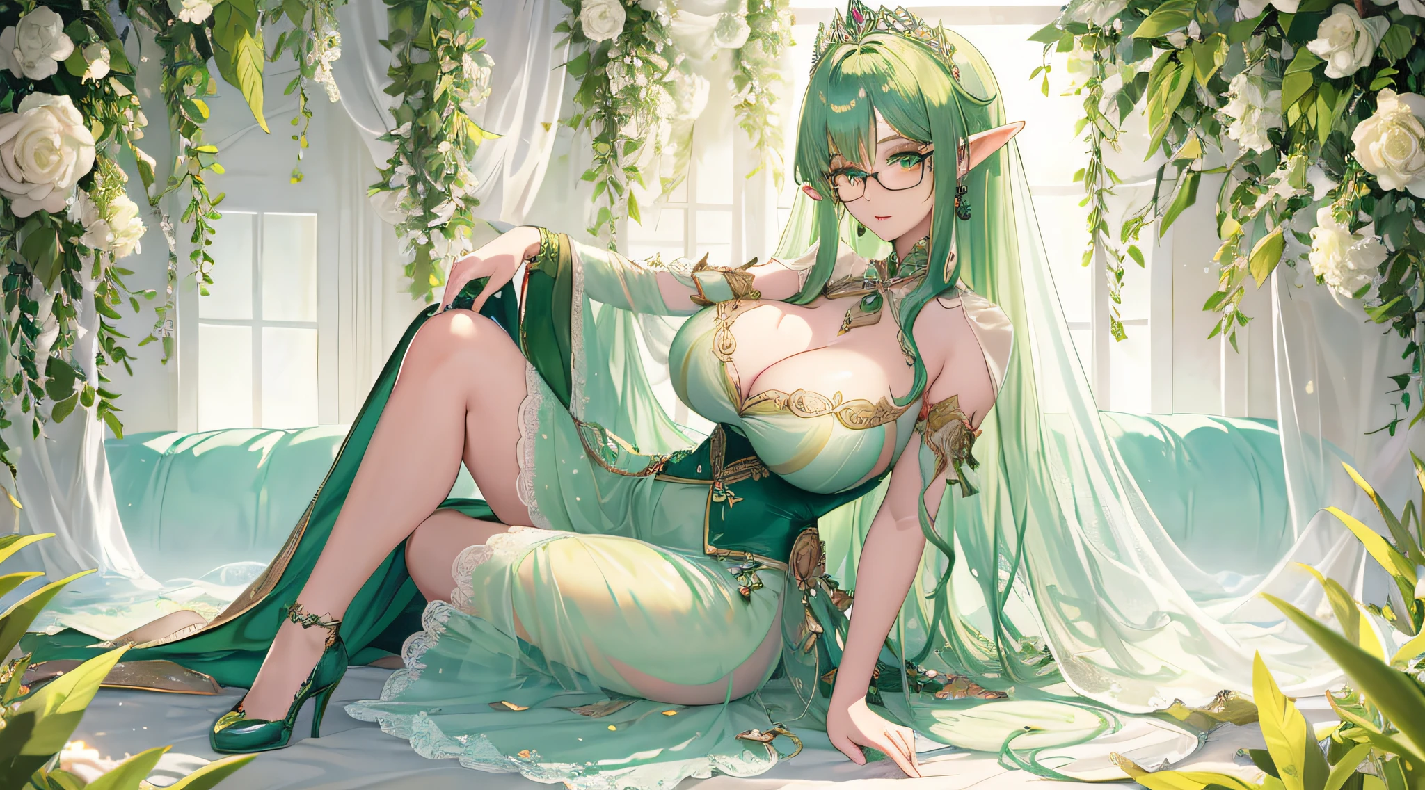 Big elf, green hair, glasses, hot figure, big beauty, delicate and beautiful face, full body portrait, big eyes, beautiful face, big, transparent tulle, sexy and alluring, surprisingly large bust, papilla