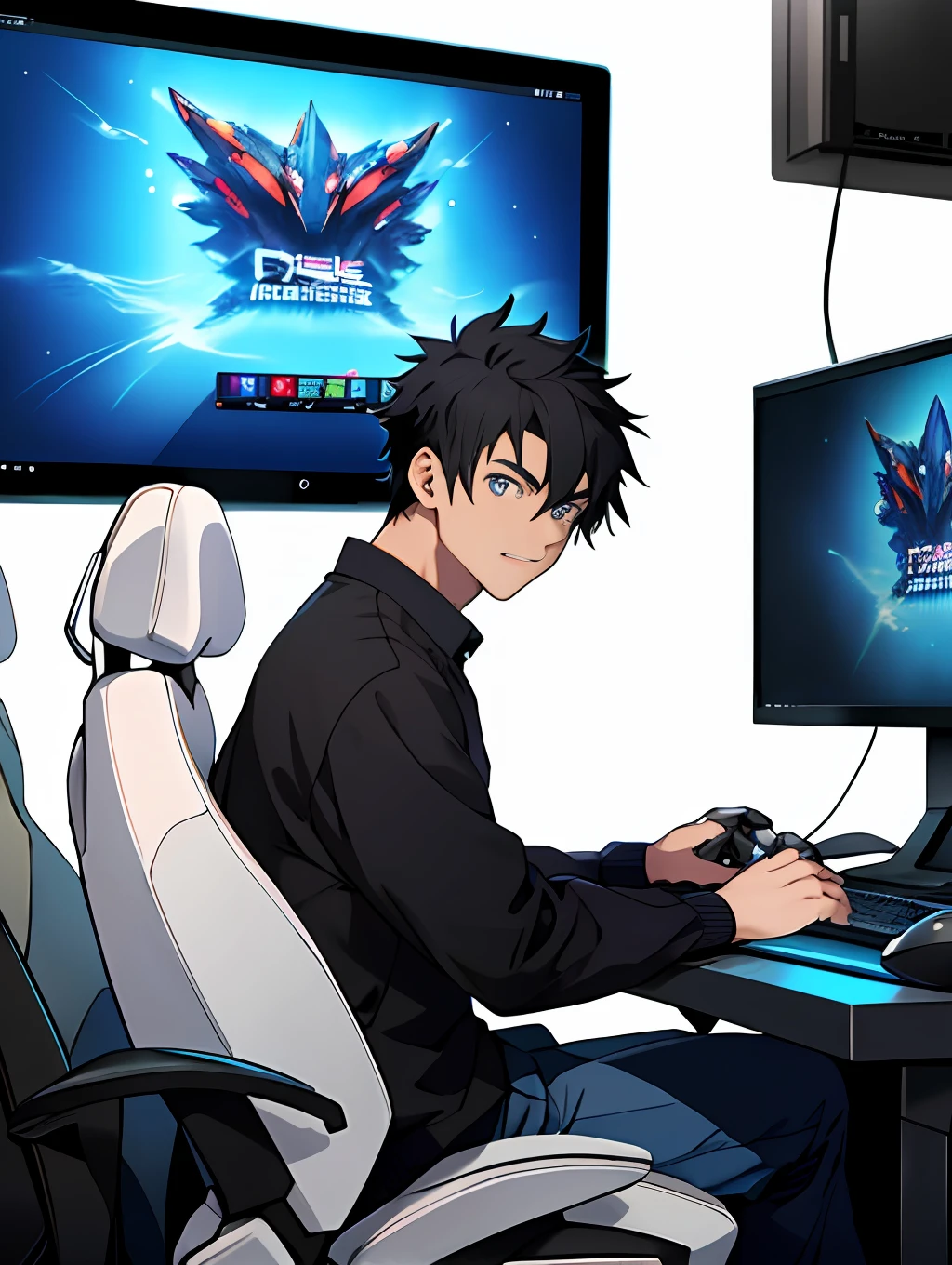 Best quality: 1.0), (Super High Resolution: 1.0), Anime boy, short black hair, blue eyes, sitting in front of computer playing games, background in esports room,