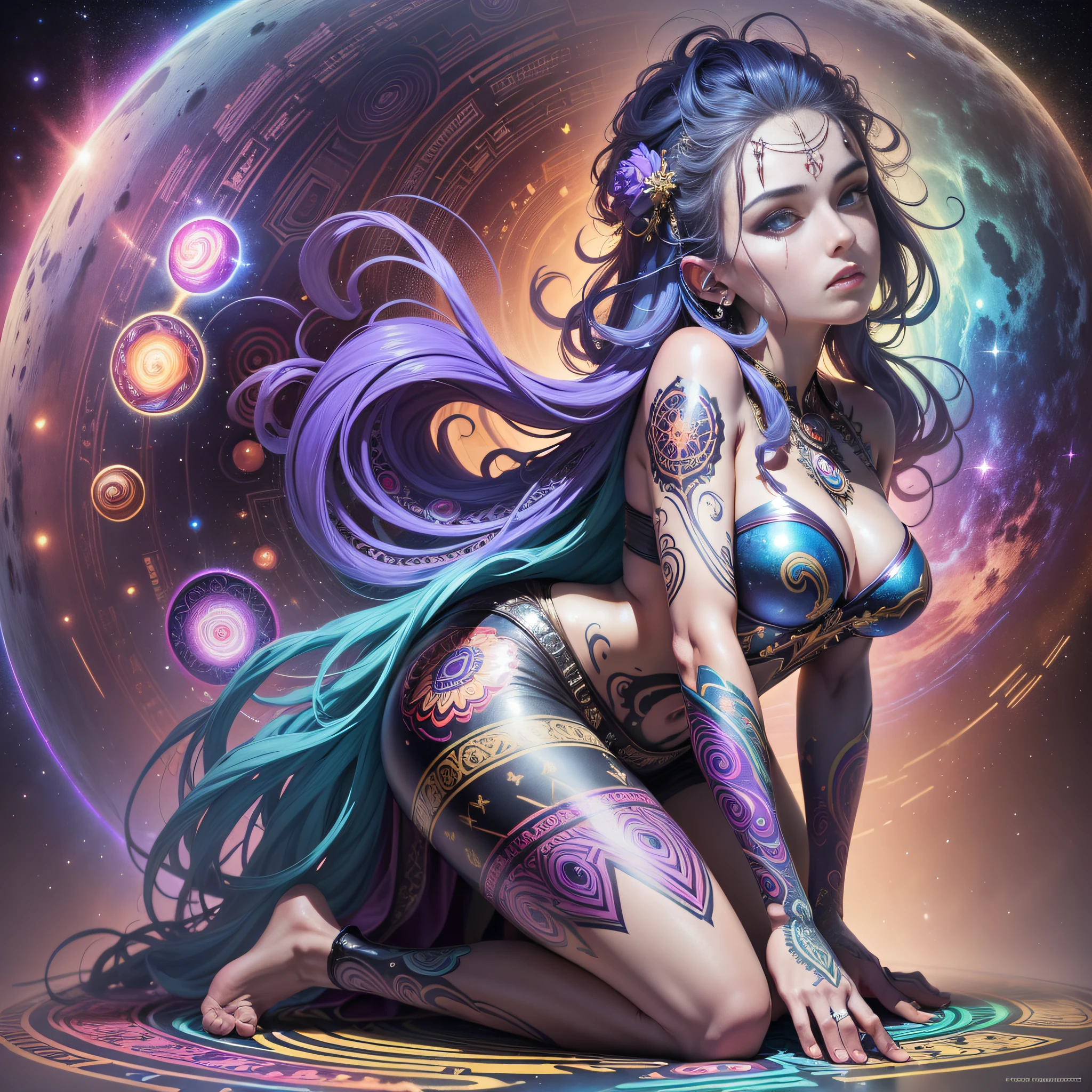 ((Best quality, 8k, Masterpiece :1.3)) beautiful woman: 1.3, handsome face, kneeling, back, full body woman over 24 years old, saturated colors, psychedelic image, LSD, mandala, fractral, costume, tattoo, painted body, wedding outfit, body leaning forward, art similar to Alex Grey's art, lots of color saturation, vortex, ultra realistic, planet earth, galaxy, with lots of lighting, shading and contrast, RPG, mage, ultra-realistic eyes, energy