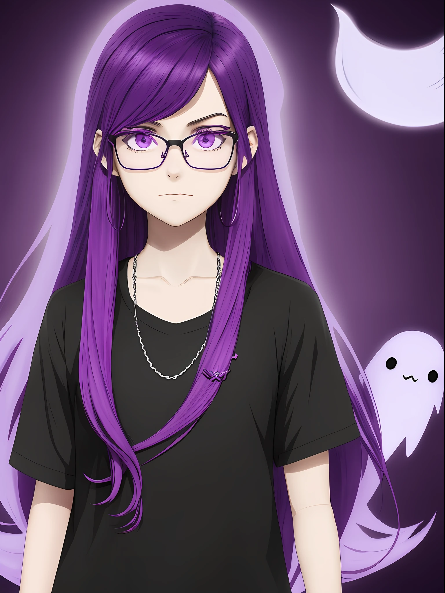 A drawing of a girl with purple hair and glasses, she has purple hair, like an anime character, 2D anime style, dark and depressed, in an anime style, "UKU the prismatic person, female protagonist: 8, pin in anime, anime style only, flat anime style, dark style, (pale young ghost girl)