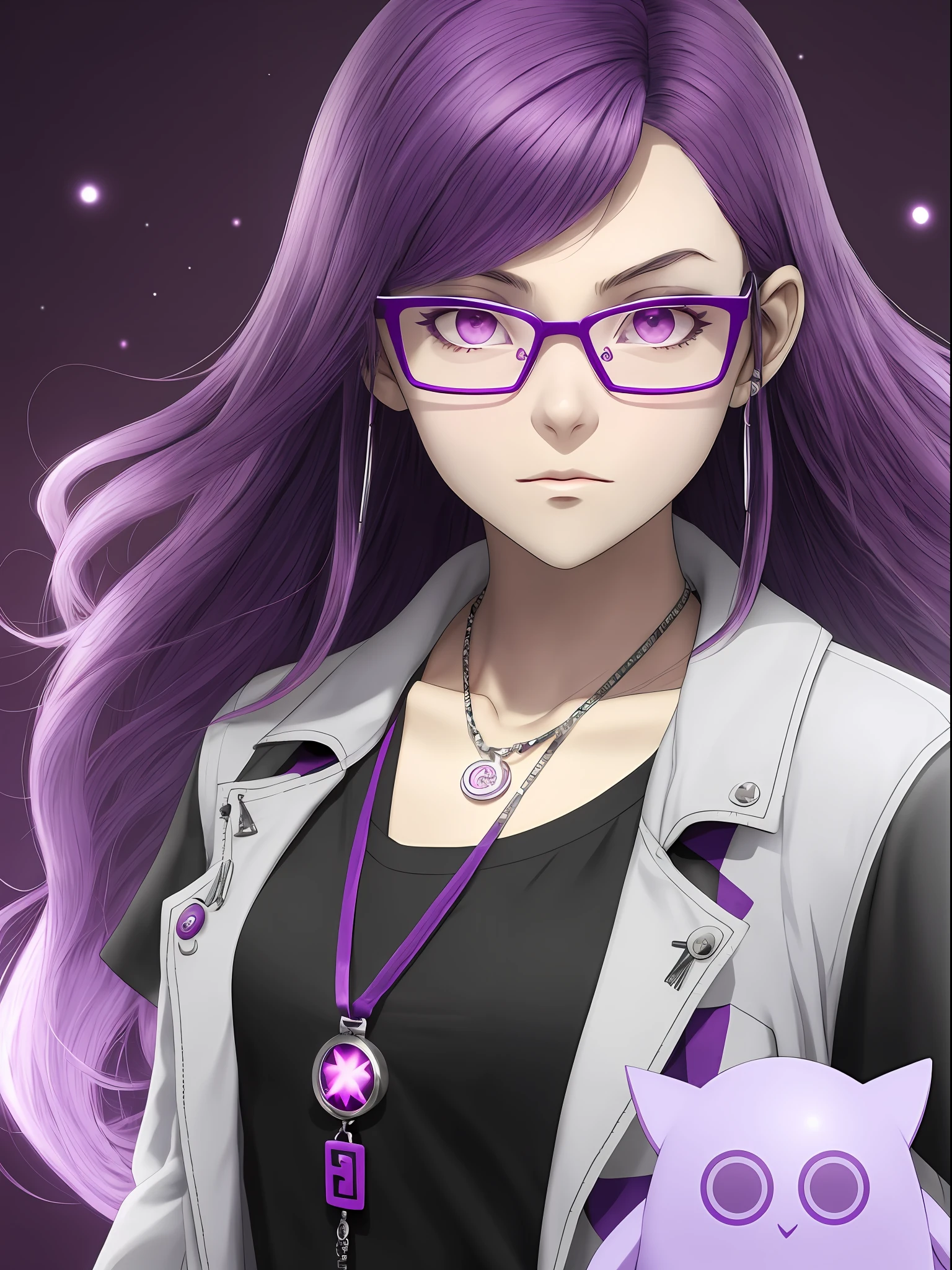 A drawing of a girl with purple hair and glasses, she has purple hair, like an anime character, 2D anime style, dark and depressed, in an anime style, "UKU the prismatic person, female protagonist: 8, pin in anime, anime style only, flat anime style, dark style, (pale young ghost girl)
