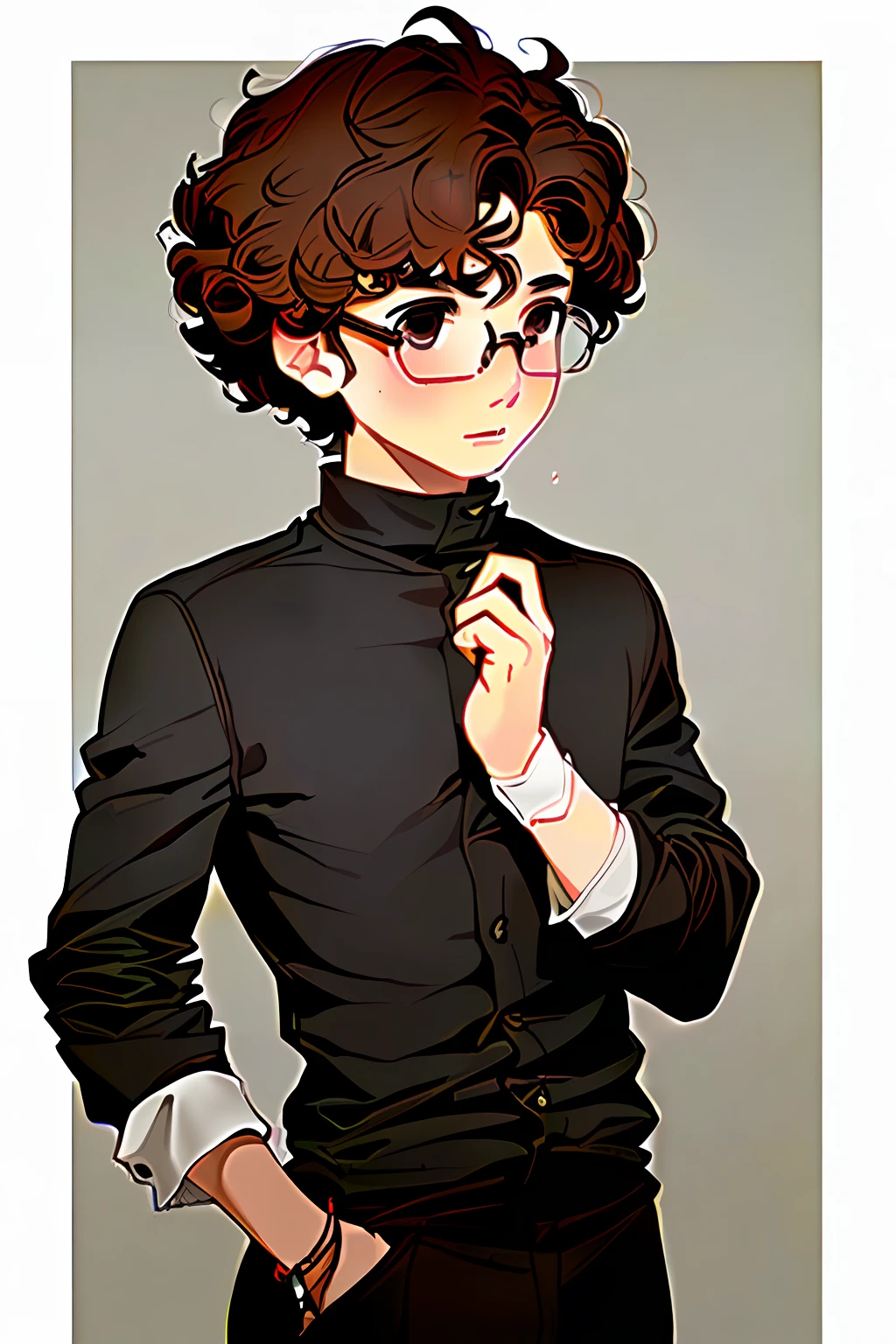 Boy, boy, , curly, soil, brown color, curly, smart, profile, realistic, black eyes, tapered nose, thin, social clothing, millionaire, with glasses,