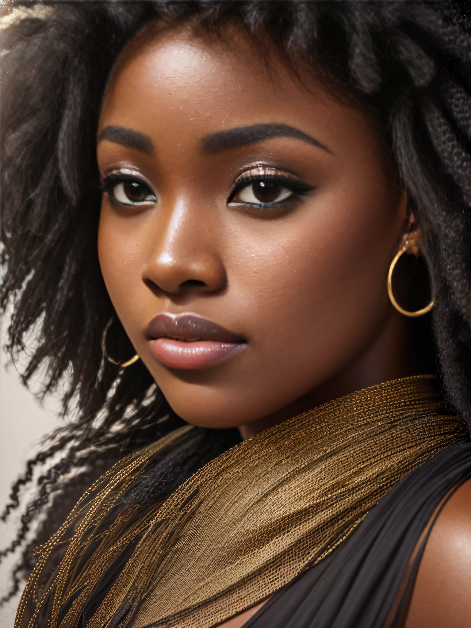 ((masterpiece)), 8k resolution, ultra-realistic studio photography, close-up of a beautiful African woman, (soft skin),(black eyes),(well-detailed eyes),(shiny black hair),(fleshy lips),studio light, afro hairstyle." neutral background --auto --s2