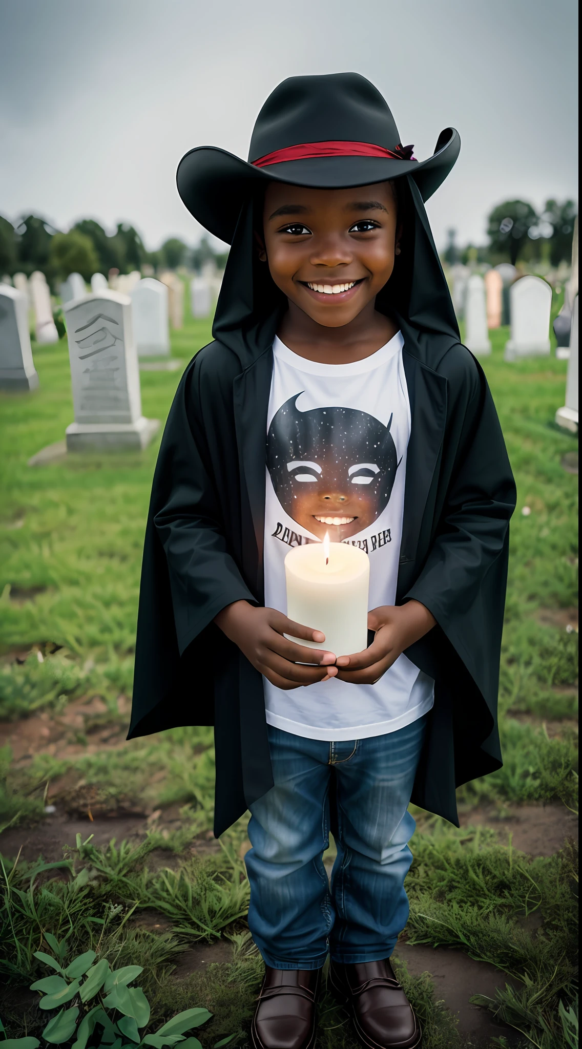 ((1)) adorable little black boy incredibly charming, candle in hand, black cape, red hood, devilish smile, cowboy hat, with storm in the background, birds flying, enjoying a beautiful rain ride, storm in the cemetery, night, surrounded by beautiful white flowers, tombstones, graves, crosses, natural landscapes, photo taken full body. The illustration is in high definition in 8k resolution, with ultra detailed facial features