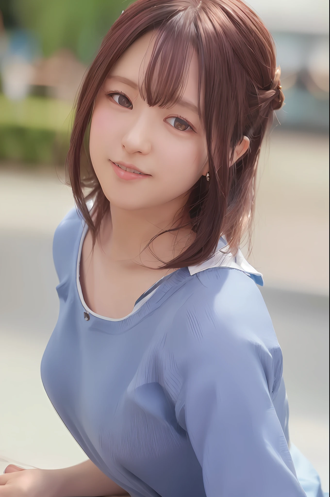 (absurdres, best quality, finely detailed, masterpiece), (photorealistic:1.3), 8k, high res, (skindentation), (professional lighting), (portrait:0.6), gorgeous, (1girl eyes looking at viewer:1), ((looking at viewer:1.6)), (looking at the camera), photorealistic, (bokeh), (portait:0.6), (dynamic pose:1.2), masterpiece, intricate, realistic, sharp focus, award-winning photograph, 1girl, solo, blue top, black hair, twintails, looking at viewer, silver necklace, realistic, bangs, medium hair, brown eyes, nose, Naoi Rei,  upper body, smile
