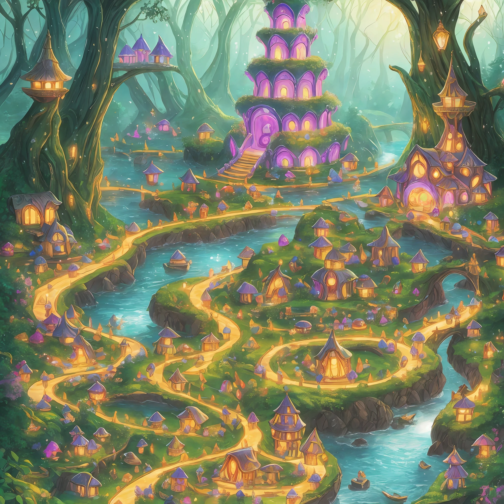 Elven City of Iridessa: Iridessa is an elven city situated in the heart of an enchanted forest. Their mushroom-shaped houses glow in bright, sparkling hues, while small streams wind along the winding paths. --auto --s2
