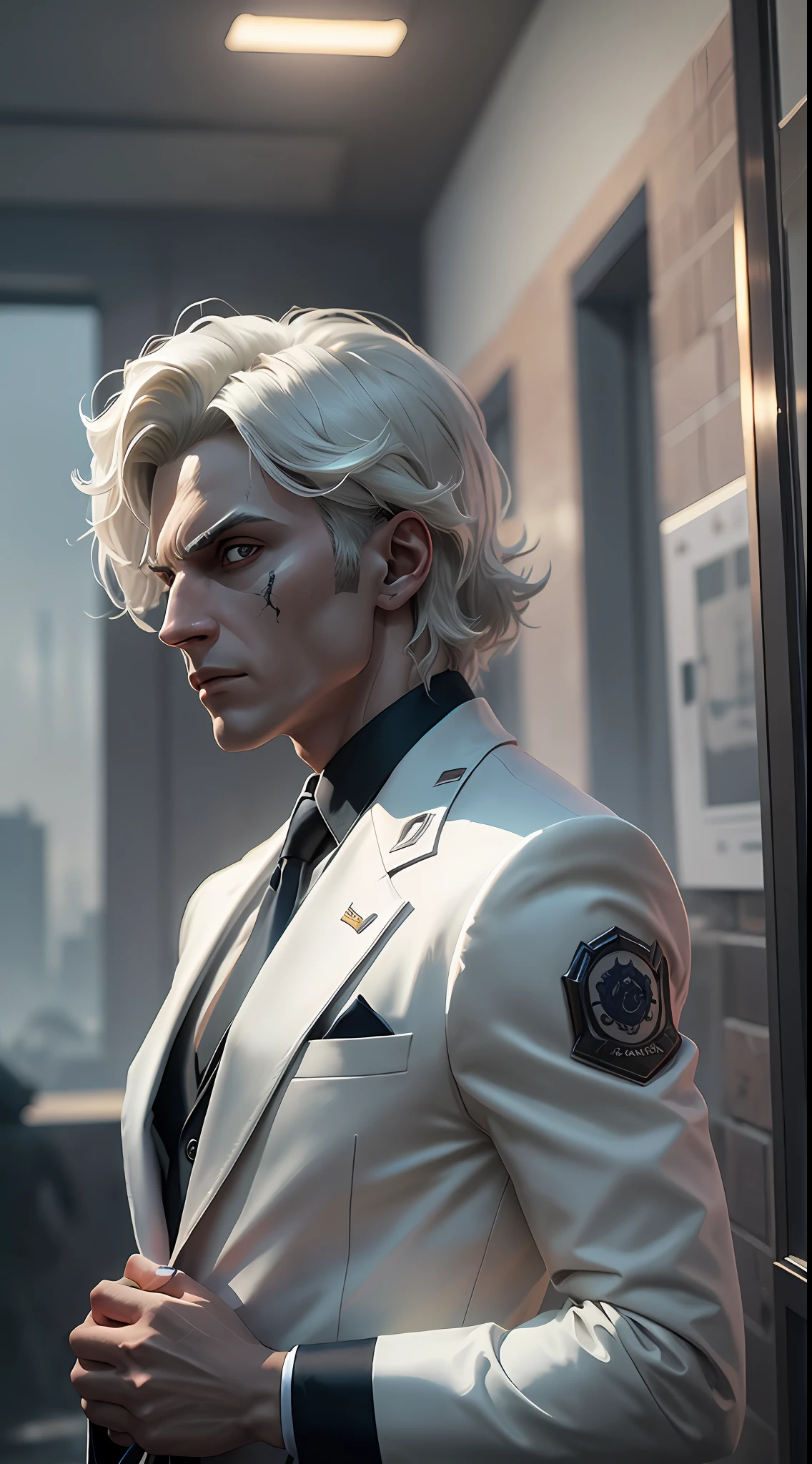 thriller, stormy, a mysterious agent with a white suit and a scar on his face who can disappear from the minimap for a few seconds, a mansion with traps and enemies from Free Fire, 16k, dark