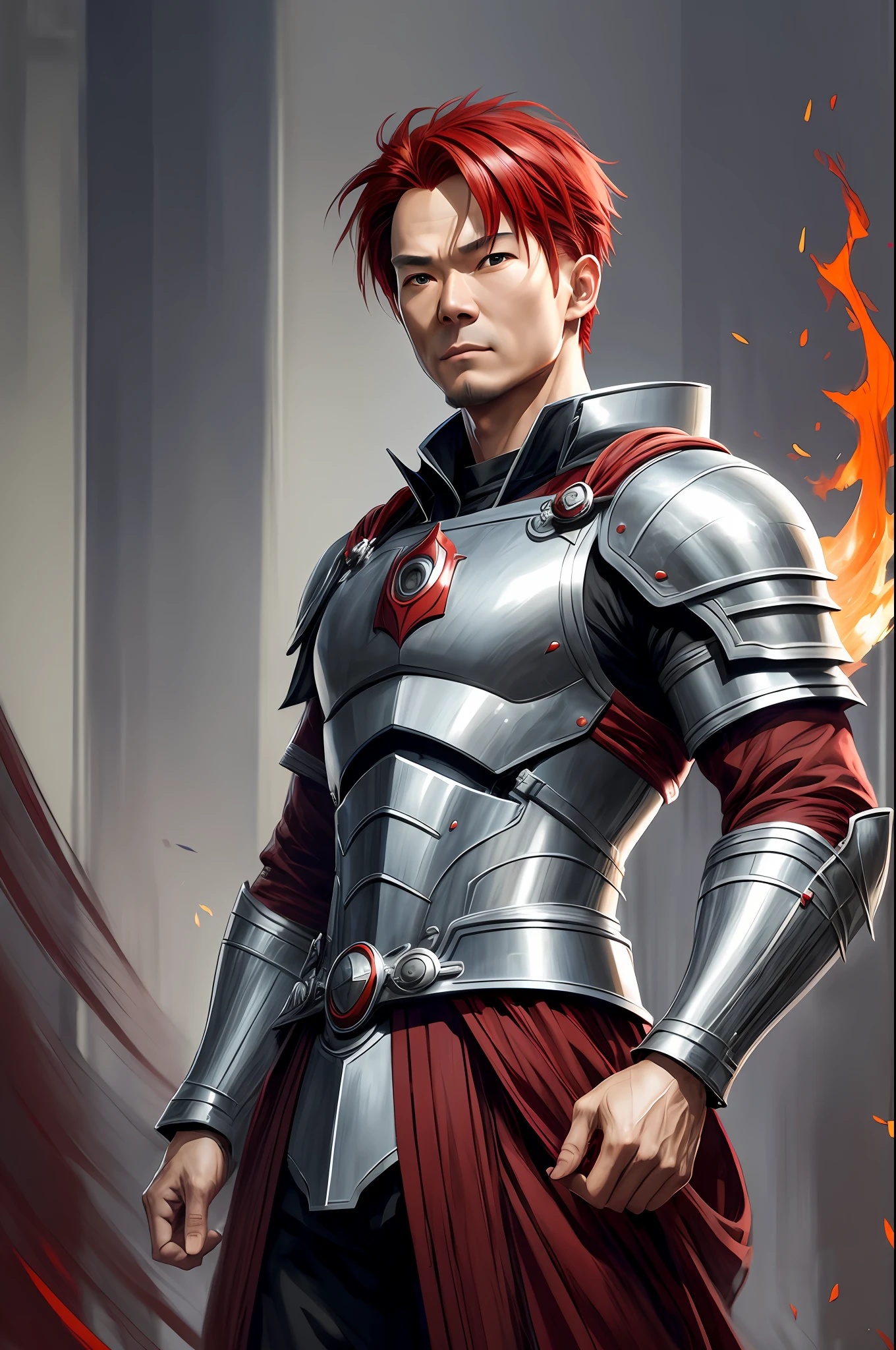 face, man, ((gray skin)), fire red hair, (asian), knight, fit, extremely detailed CG unity 8k wallpaper, professional majestic oil painting by Ed Blinkey, Atey Ghailan, Studio Ghibli, by Jeremy Mann, Greg Manchess, Antonio Moro, photorealistic painting art by midjourney and greg rutkowski --s2