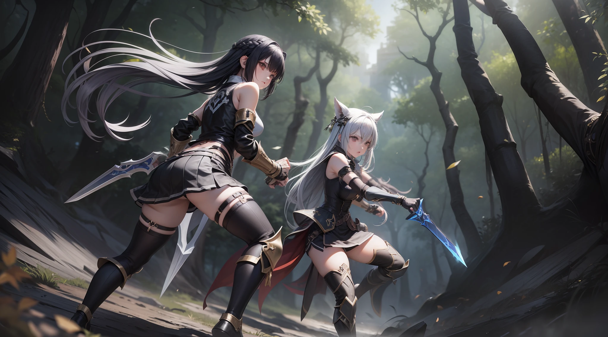 Full body shot from head to feet. Two female from ragnarok online, fighting intense death match battle, attacking wielding short black sword. Both of them are wearing  black thigh highs, short skirt, detached sleeves, and long gloves. They have different armor, different hairstyle, different expression, proper and detailed face, with correct ???????. Set against the background of a lush forest.