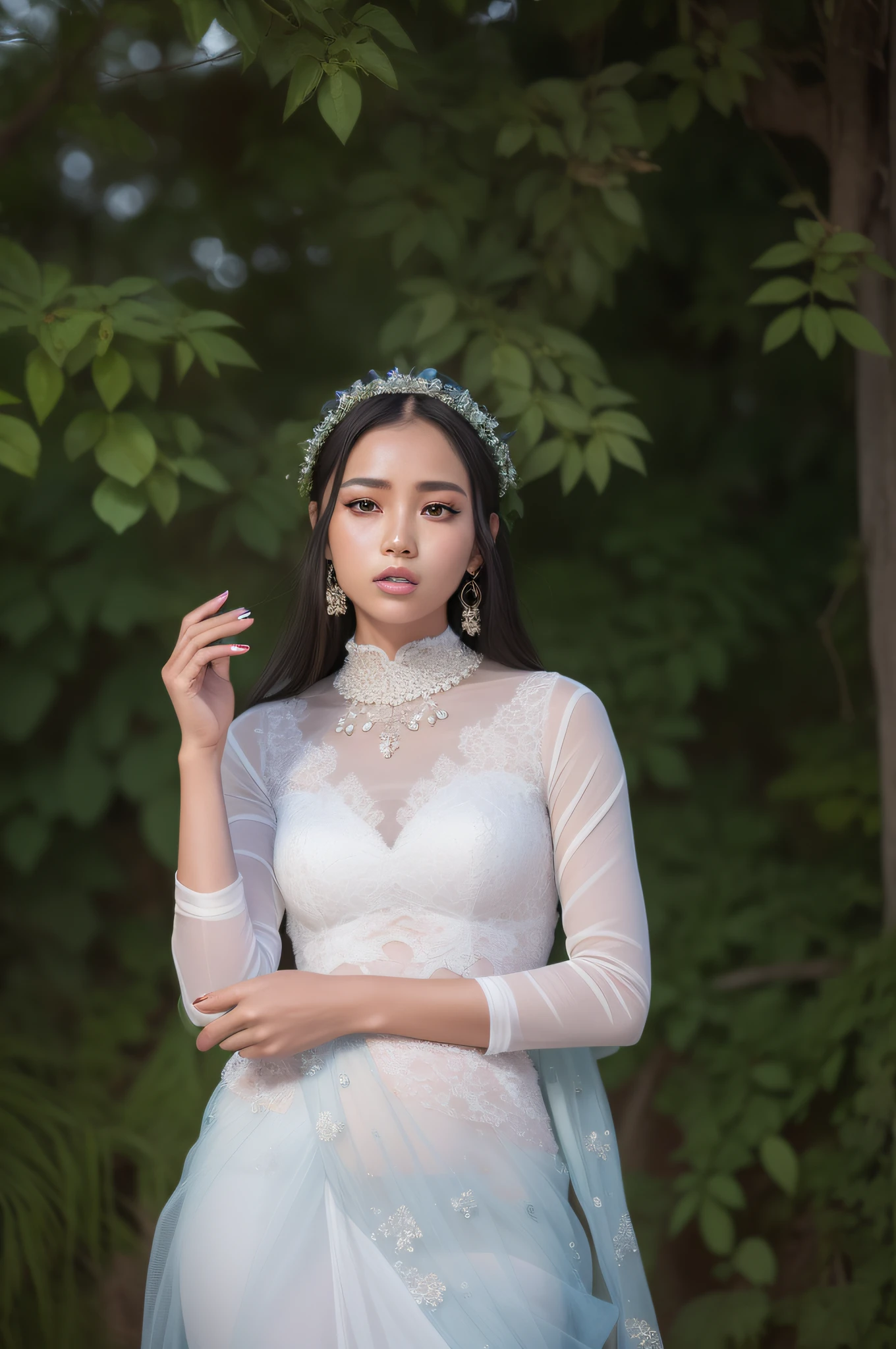 fashion photography portrait of asian girl with black hair, in a lush forest with, 3d render, cgi, symmetrical, octane render, 35mm, bokeh, 9:16, (complicated detail:1.12), hdr, (complicated detail, very detailed:1.15 ) , (natural skin texture, hyperrealism, soft light, sharp:1,2), detail, sunlight through leaves, blue saree, 8k detail, masterpiece, top quality, award winning photo, photorealistic, highly detailed, raw photo, realistic natural skin texture, rim light, hyperrealistic, low contrast, sharp focus, calming tones, intricate, low key, masterpiece, top quality, award winning photo, photorealistic, highly detailed, raw photo, skin texture realistic natural , rim light , hyperrealistic , low contrast , sharp focus , soothing tones , 8k detail , intricate , low key