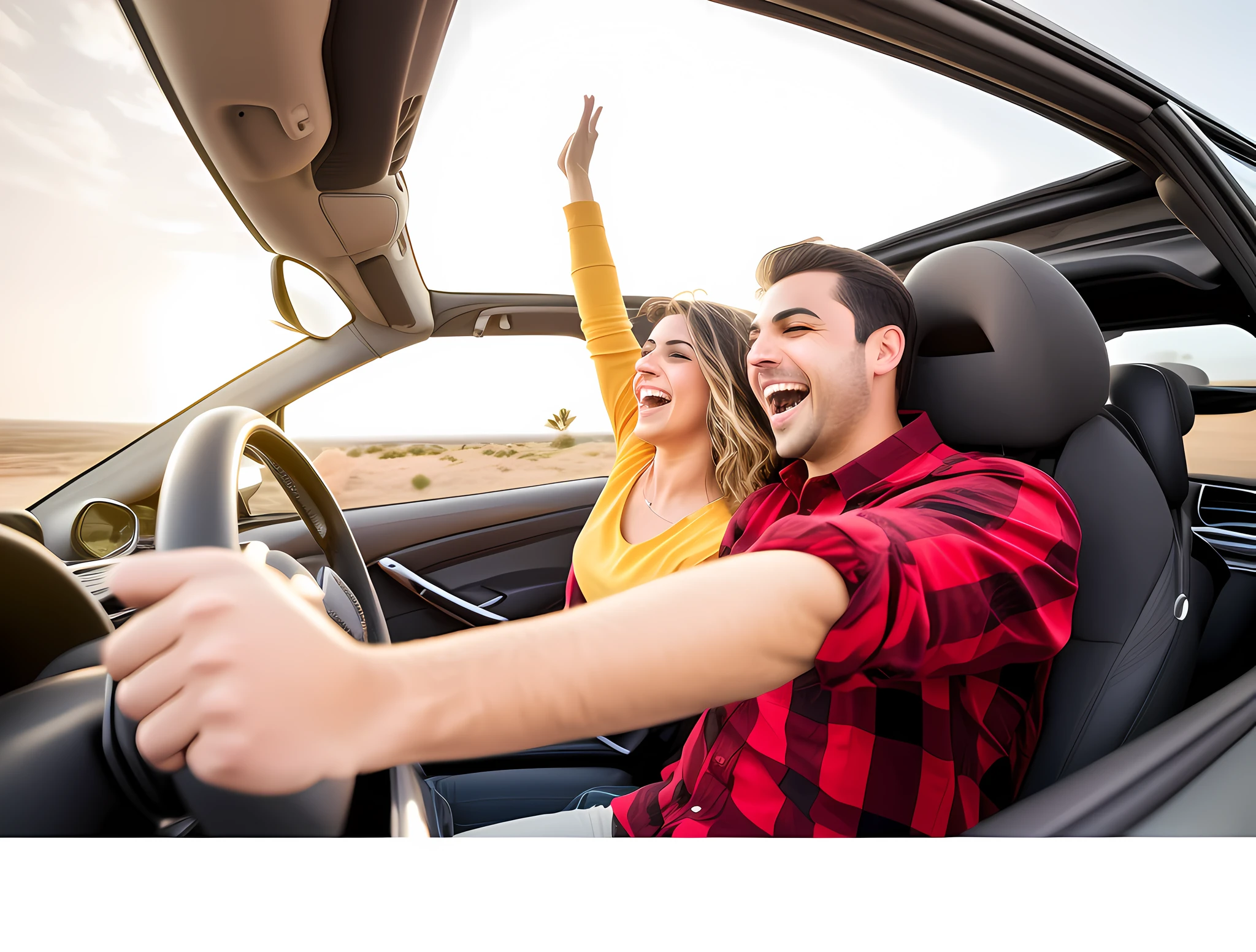 araffe couple driving in a convertible car with their arms up, car commercial photograph, exhilarated, road trip exciting, driving, driving a car, artistic interpretation, shutterstock, mixed art, driving fast, road trip, car shot, album, best on adobe stock, advertising photo, top down photo, ad image, edited, excitement, vibrant and dynamic