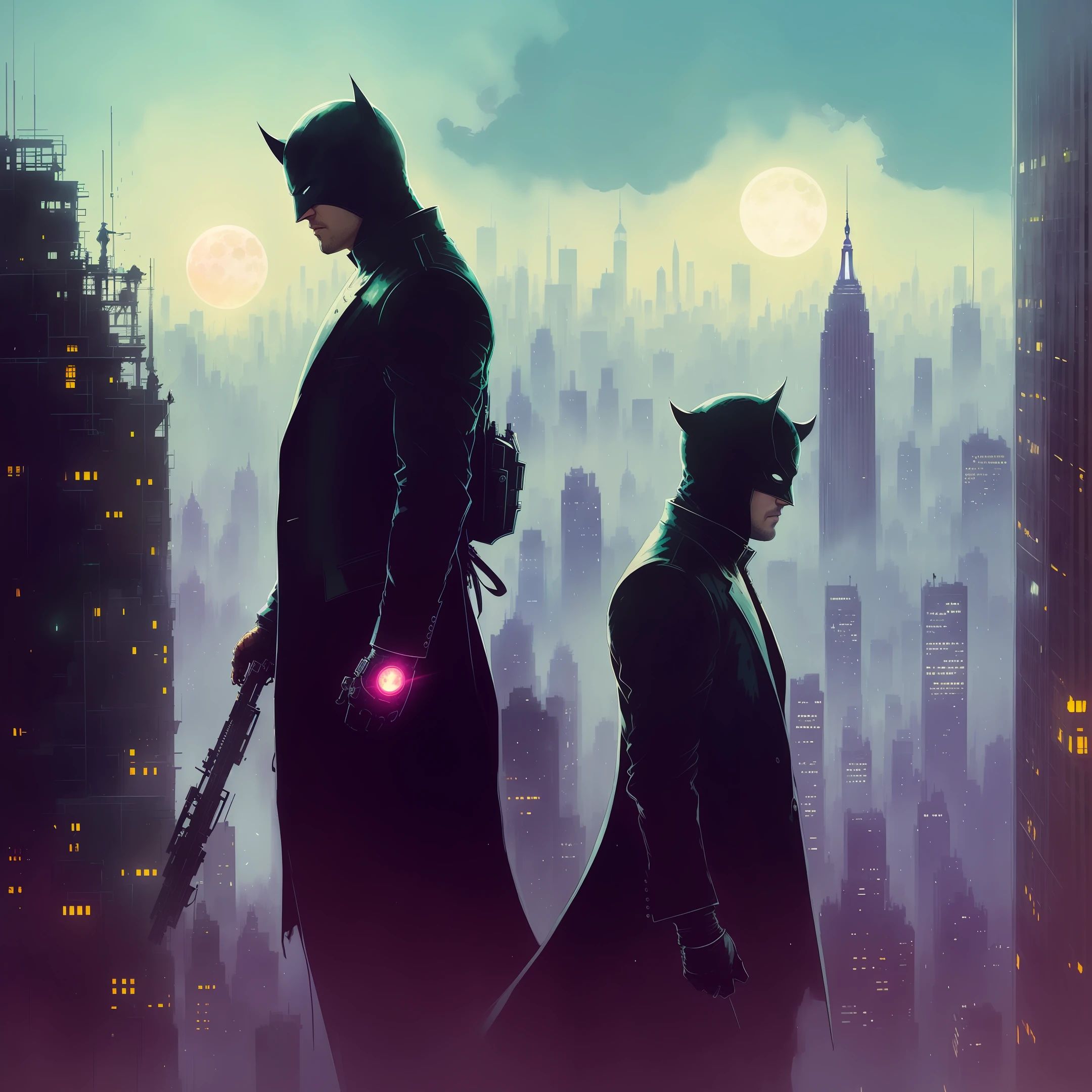 Daredevil stands atop a New York City skyscraper, with the moon setting behind him, casting a dark glow over the cityscape. In the distance, his heightened senses allow him to hear the sounds of criminals committing crimes, fantasy character with earring
in dark brown business suit, in the city, rainy day, digital illustration, comic book style, steampunk noir, perfect anatomy, centered, approaching perfection, dynamic, highly detailed, watercolor painting, artstation, concept art, soft, sharp focus, illustration, Disney : Banksy : Carne Griffiths : Wadim Kashin, trending on artstation, sharp focus, studio photo, intricate details, highly detailed, by greg rutkowski