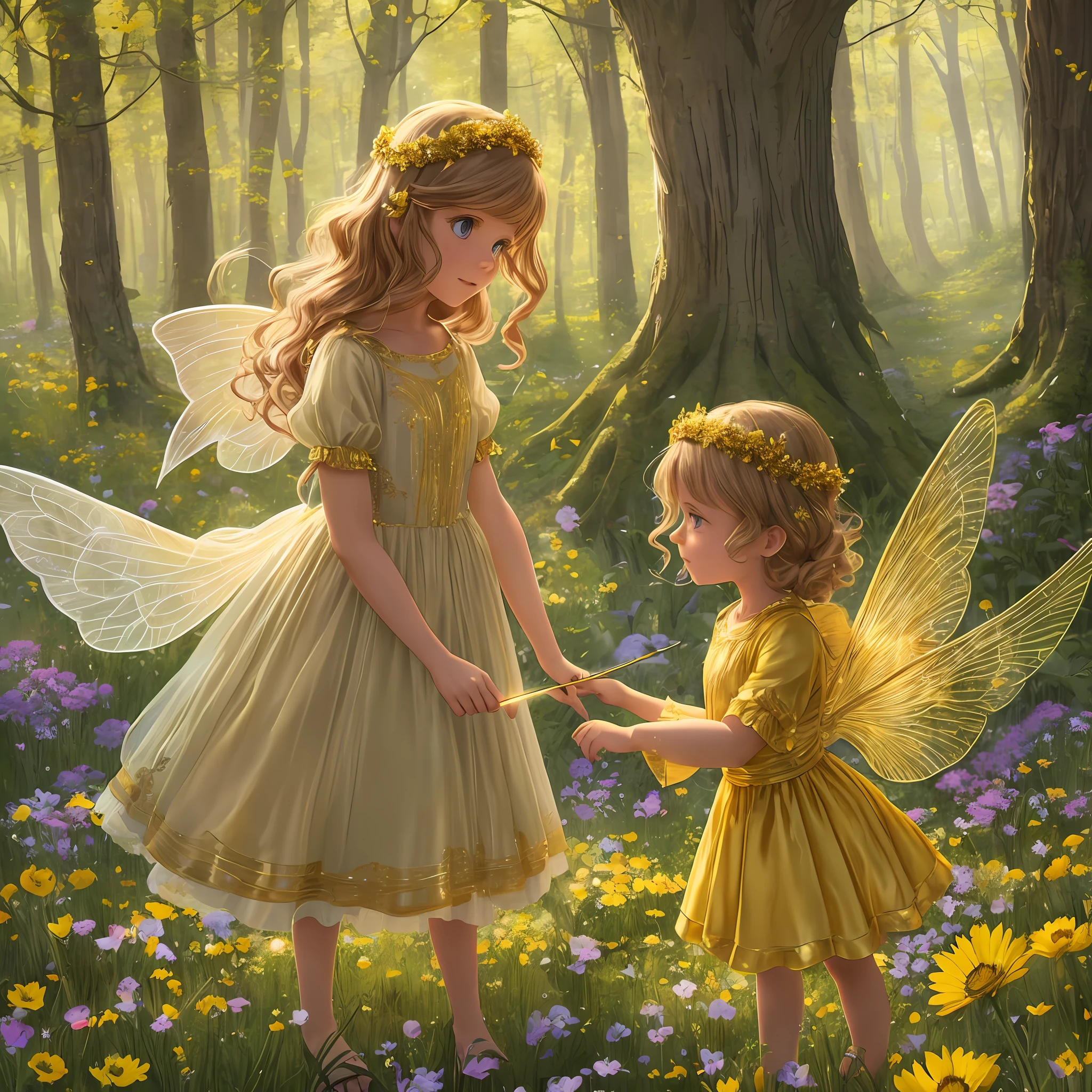 Encounter with the Golden Fairy:
Laura, the curious girl, stands before the Golden Fairy, a fairy with bright, golden wings. The fairy is surrounded by an aura of light and holds a magic wand. Laura's and the fairy's facial expressions show surprise and delight. The setting is a flowery field with colorful flowers and tall trees in the background. --auto --s2