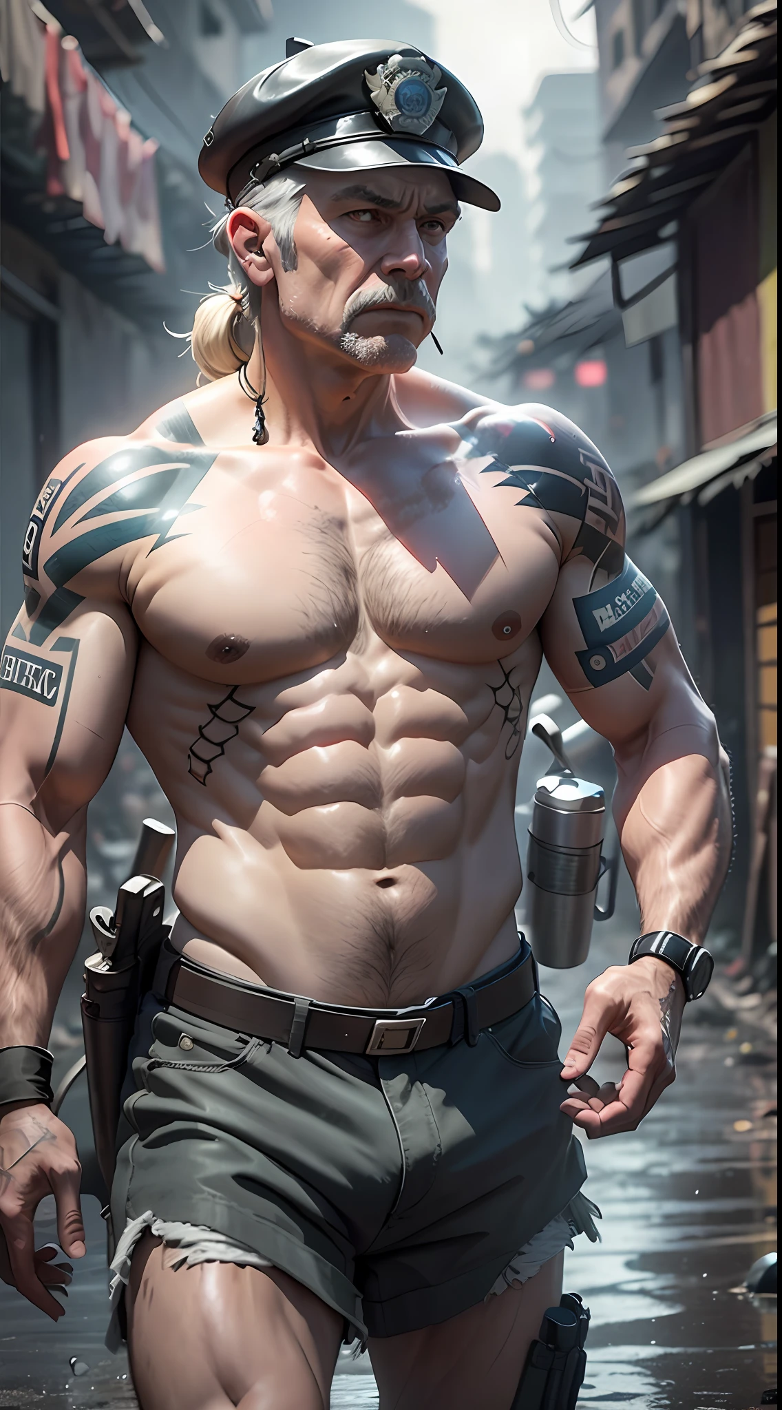 drama, rainy, a retired police officer with a singlet and a tattoo who rejoined after the disappearance of his daughter, a slum with criminals and weapons from Free Fire, 16k, gritty