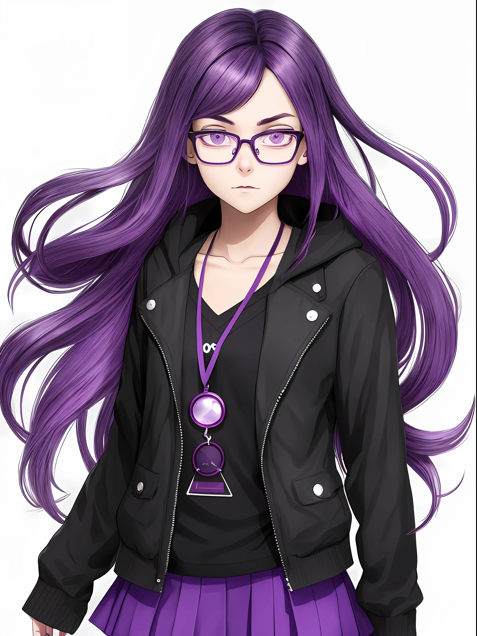 A drawing of a girl with purple hair and glasses, she has purple hair, like an anime character, 2D anime style, dark and depressed, in an anime style, "UKU the prismatic person, female protagonist: 8, pin in anime, anime style only, flat anime style, dark style, (pale young ghost girl)