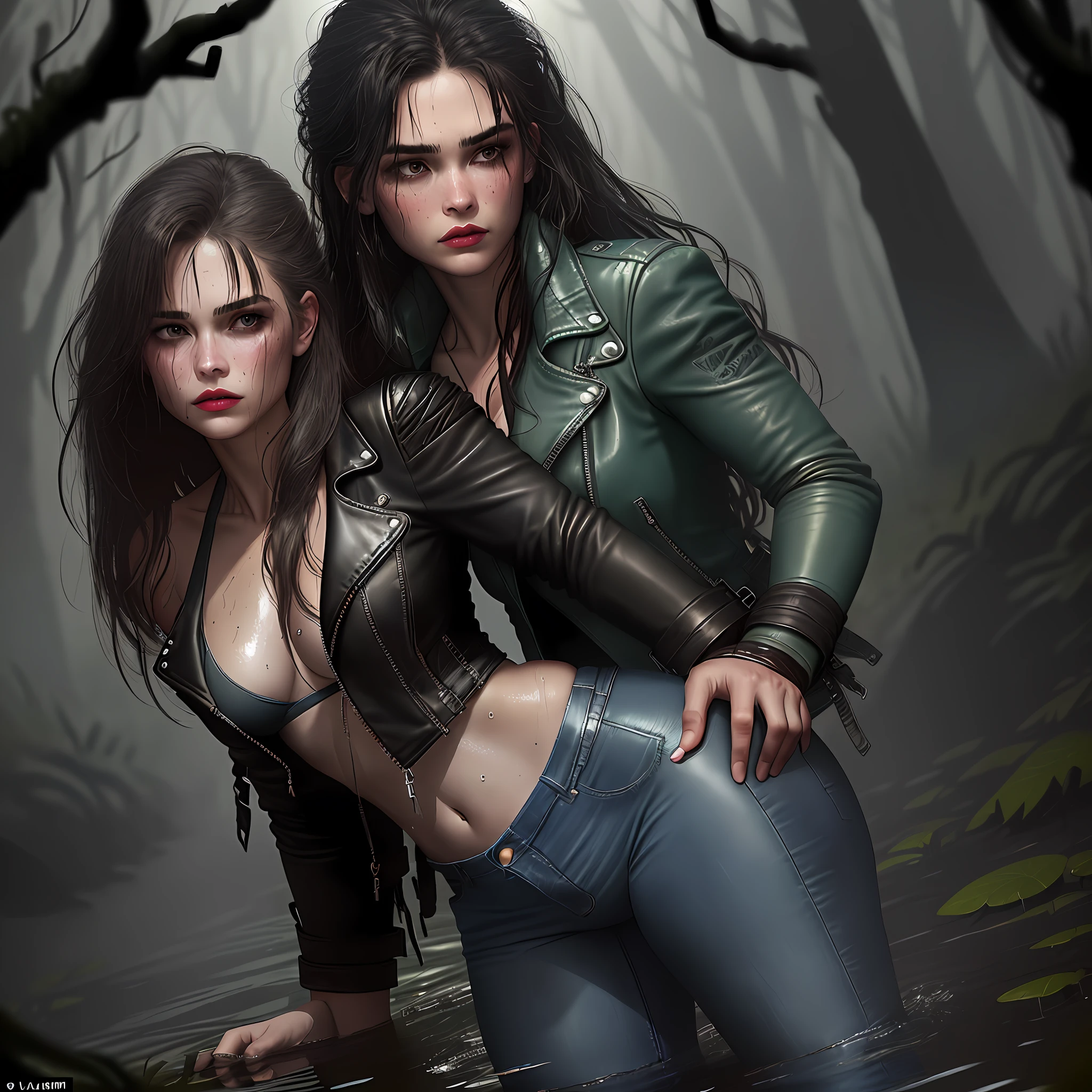 (high quality, ultra-detailed), photographic quality, (gloomy environment, dark temperature, lighting from above, shading from below), (swampy swamp, forest, night), (swampy terrain | muddy swamp), (thick fog | fog around), 2 women, lewd: 10, dirty molestation: 20, excitement, thick blush: 10, sweat on the face: 10, intermittent breathing, excitement, drowning in the swamp, up to the hips in the swamp, (disheveled beautiful shoulder-length hair), (makeup,  lipstick). (leather biker jacket), (blue jeans levis pants), bracelet on the arm, seduces: 10, sexy pose, touches the ass, shows off the ass,