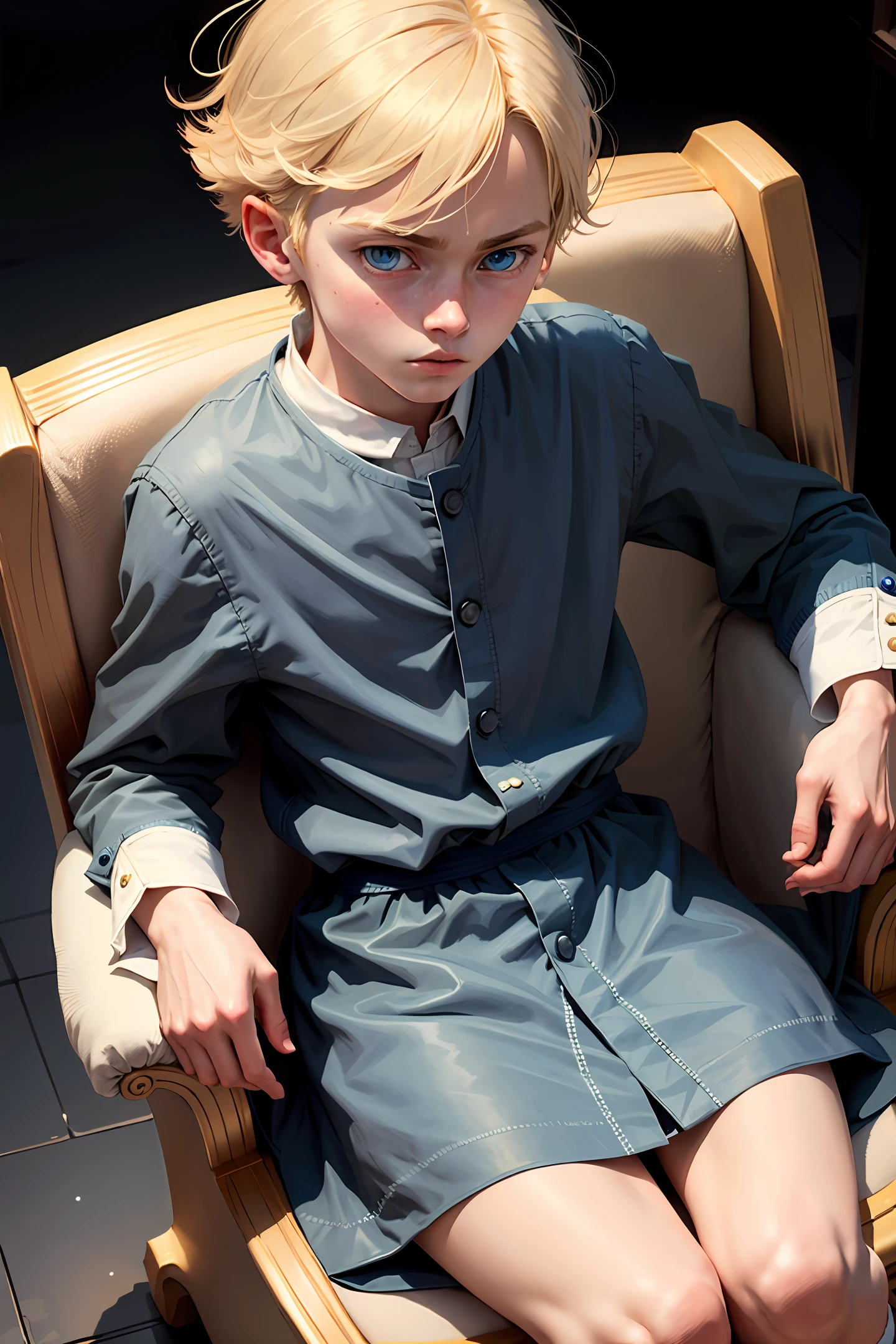 The boy, a young two-dimensional boy, light blonde hair and dark blue eyes, sitting on the throne, wearing delicate clothes, two-dimensional, drooping eyes, cold eyes