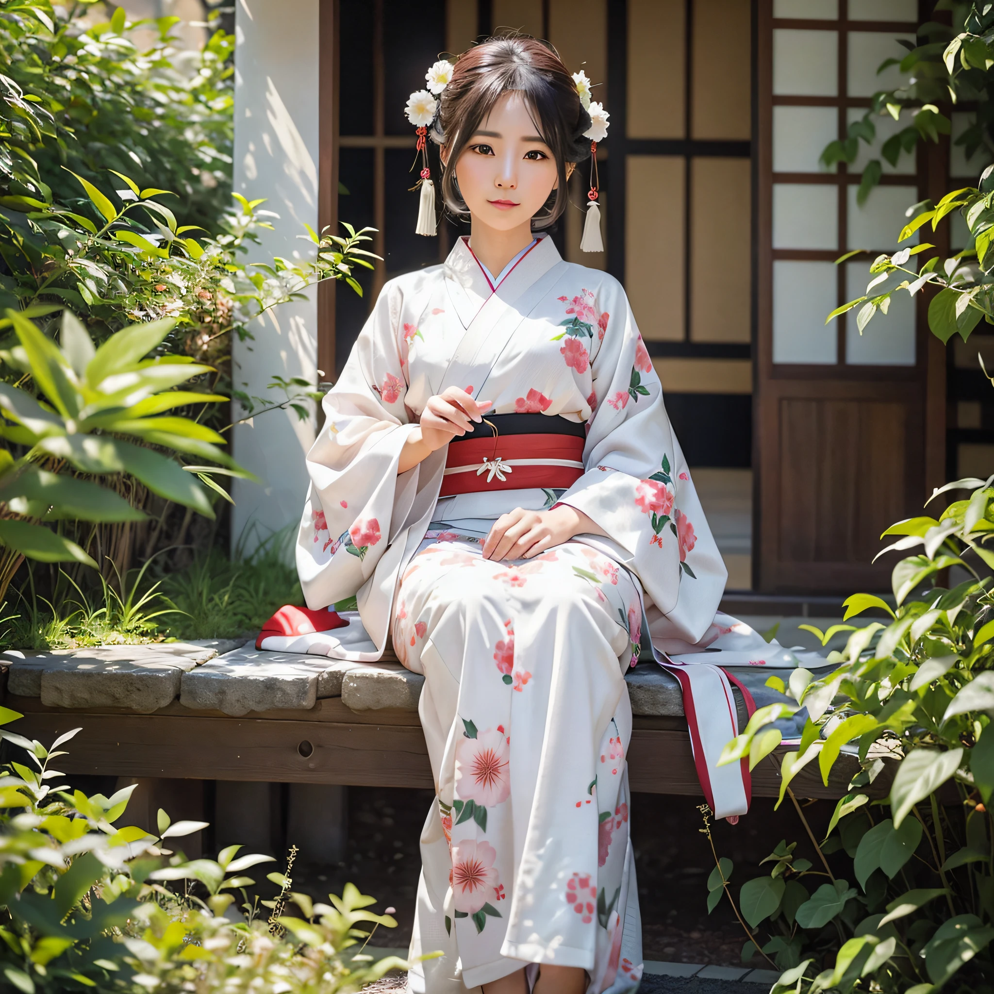 araffe woman in a kimono sitting on a bench in a garden, white hanfu, in kimono, palace ， a girl in hanfu, traditional japanese, japanese clothes, hanfu, wearing kimono, japanese kimono, traditional geisha clothing, wearing a kimono, japaneese style, yukata clothing, classy yukata clothing, japanese goddess, classic kimono