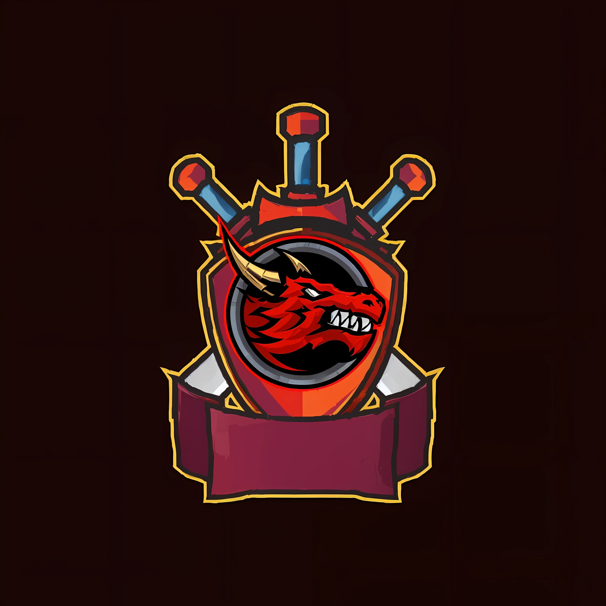 a red dragon with two swords and a shield with a crown, esports logo, stylized cyberpunk minotaur logo, draconic design, game icon stylized, game logo, red demon cyberpunk symbols, patch logo design, shield design, fantasy shield, shield emblem, dark video game icon design, game icon asset, red demon armor, draconic