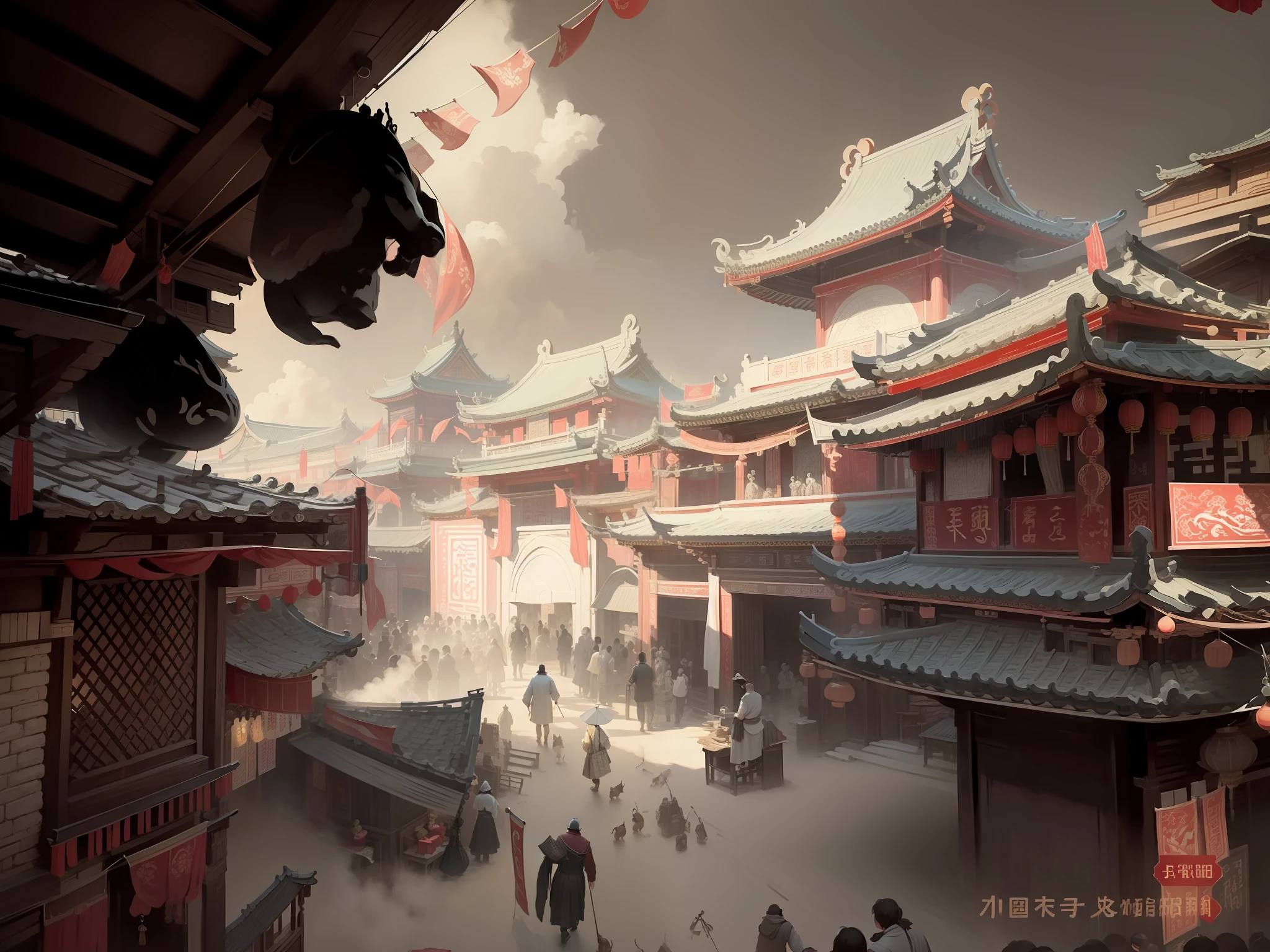 Shangyuan Festival, Joyful Atmosphere, Tang Dynasty Architecture, Special Composition, Line Drawing, Original Scene Painting, Sketch, Without Color, Black and White Atmosphere Map, Fantasy, Mechanical, Antique --auto --s2
