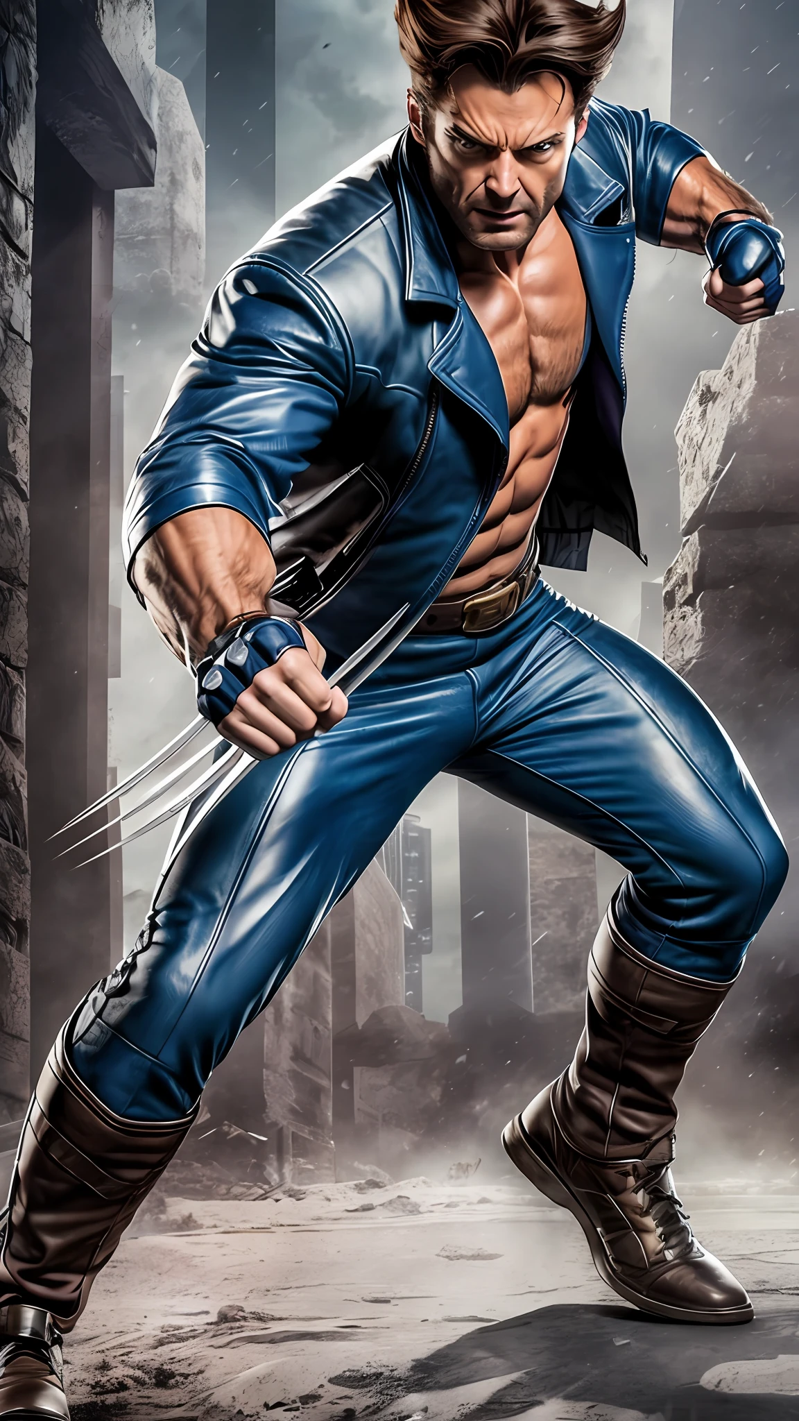 realistic photo of a classic X-Men Wolverine", complete with his iconic claws with a stylish jacket, in a powerful, ready-to-fight pose, with a visually stunning background that highlights his strength and ferocity. The 8K resolution ensures that every detail is captured, making this image a true masterpiece. This image will be the perfect tribute to the character and his enduring legacy in the X-Men franchise. full body image —c 10 —ar 2:3 --auto --s2