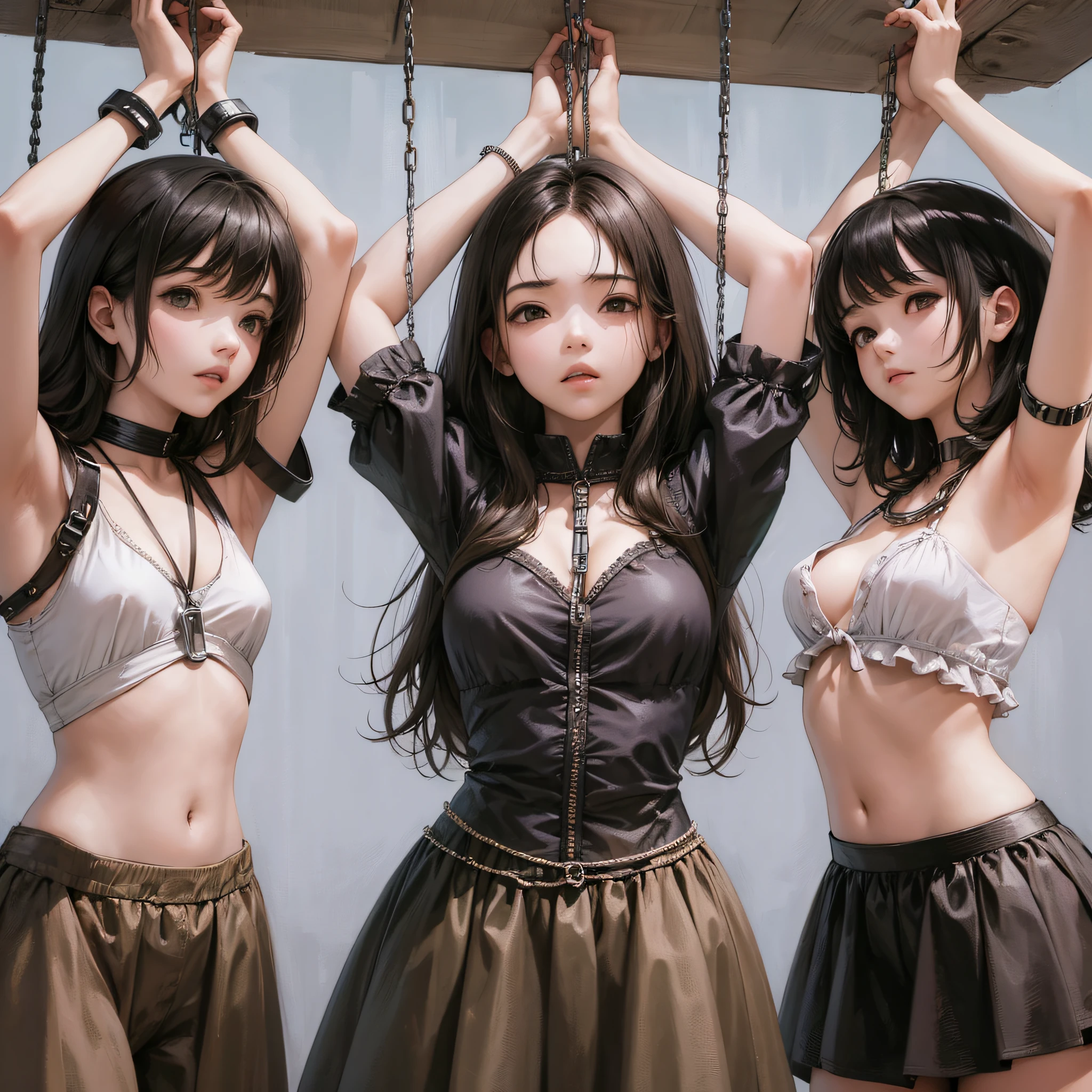 The three girls, tied, hanging their hands, chained, hands raised above their heads, pained expressions, no clothes, thighs --auto --s2