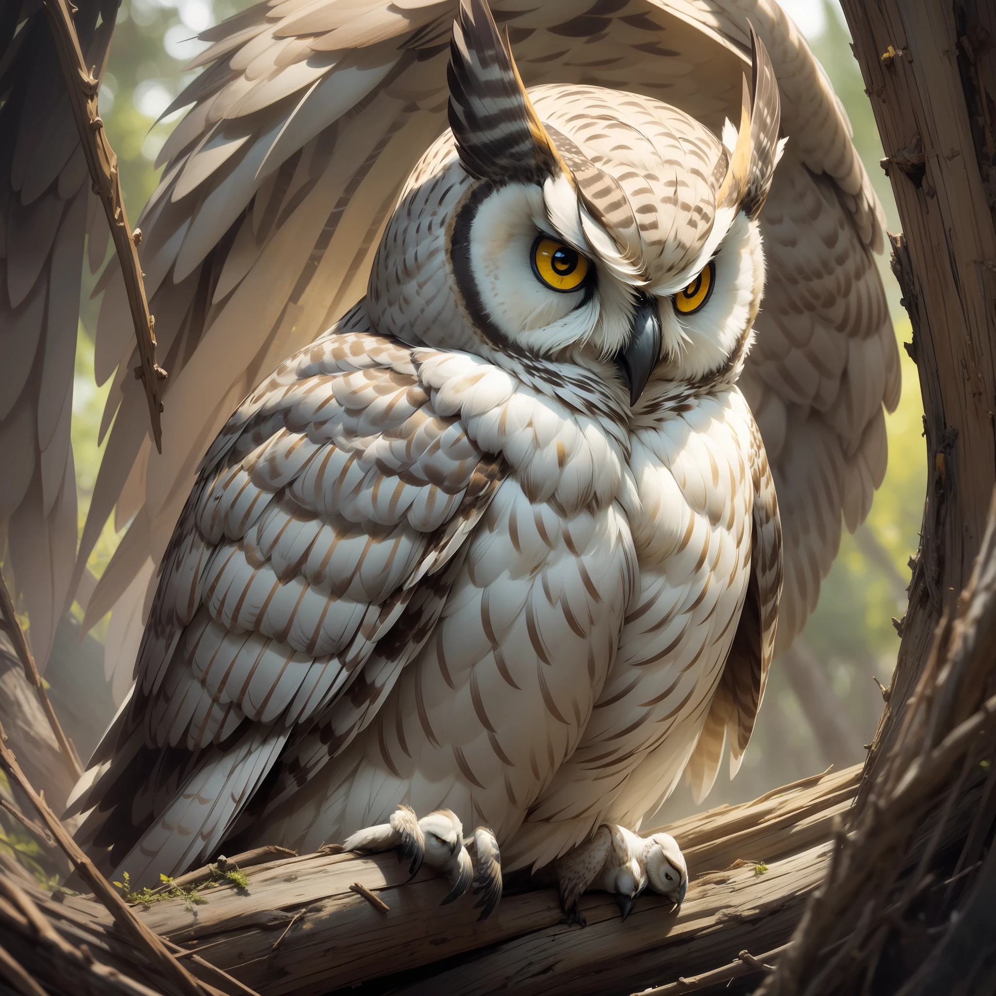 (masterpiece, best quality), detailed portrait of a majestic owl, beautiful and imposing, soft and detailed plumage, closed framing, blurry and dark background, intense yellow eyes, soft and natural lighting. Full body, centered image