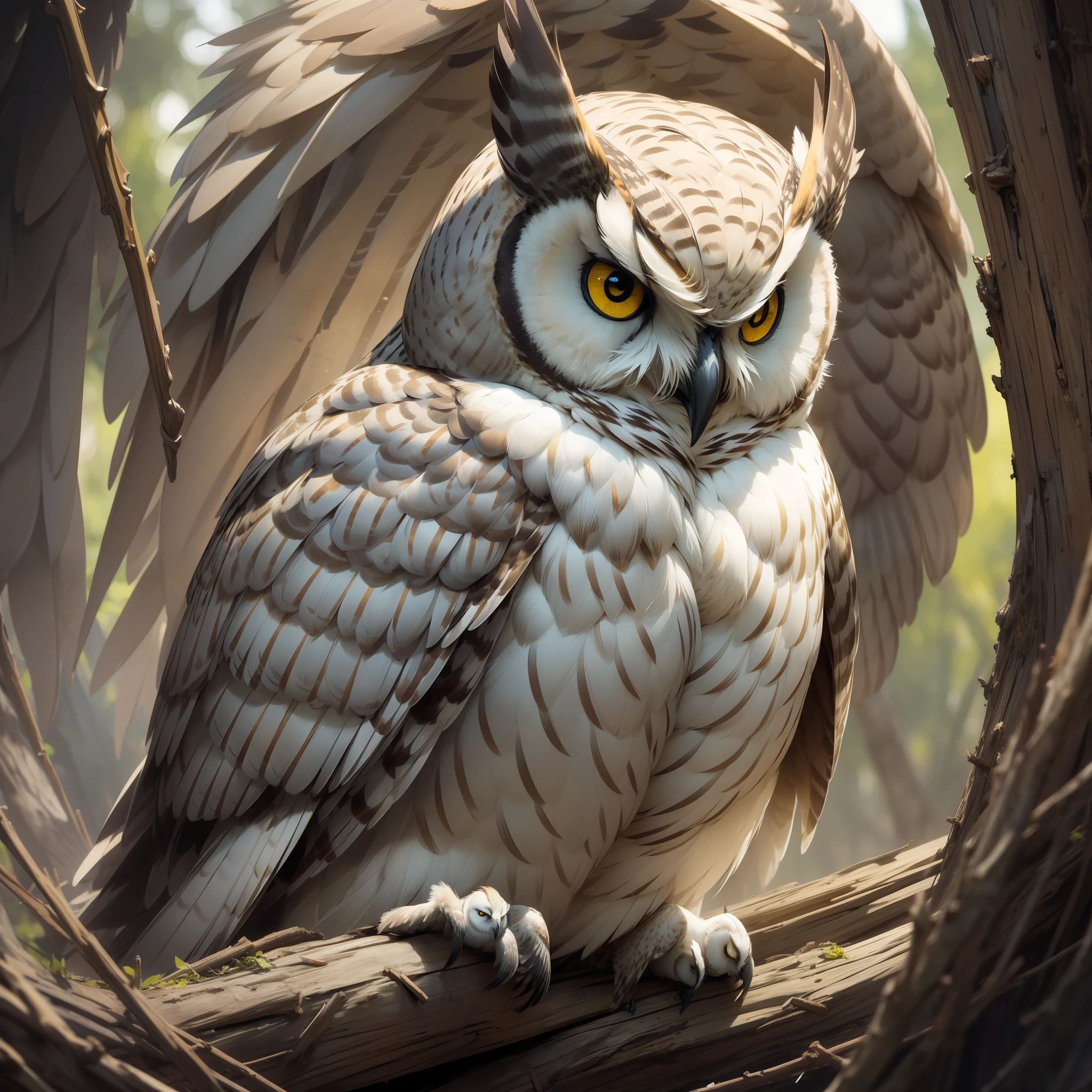 (masterpiece, best quality), detailed portrait of a majestic owl, beautiful and imposing, soft and detailed plumage, closed framing, blurry and dark background, intense yellow eyes, soft and natural lighting. Full body, centered image